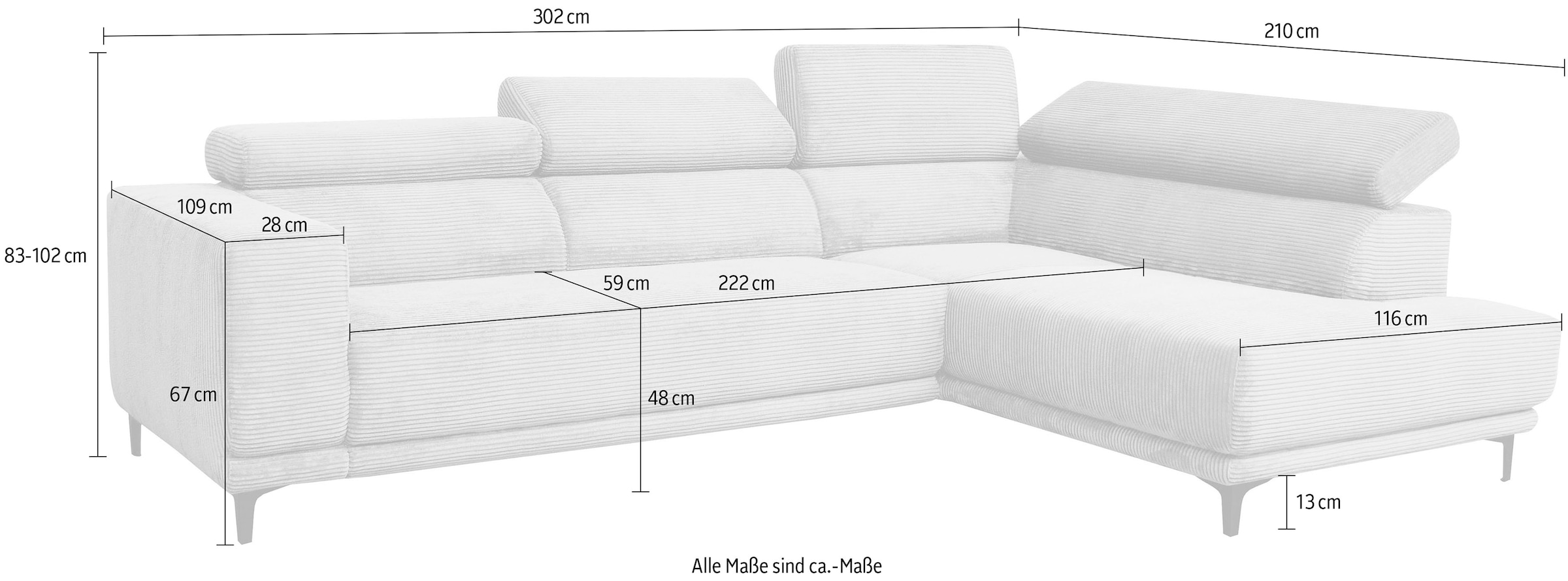 alina Ecksofa »Hikari«, wahlweise mit Sitzvorzug, in modernem Cordstoff, Breite 276 cm