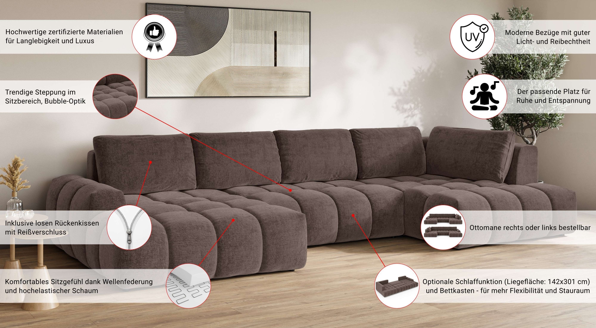 OTTO home Wohnlandschaft »AZITA U-Form, Breite 363 cm - OTTO. Verlässliche Qualität.« wahlweise als Schlafsofa mit Bettkasten, Bubble-Optik