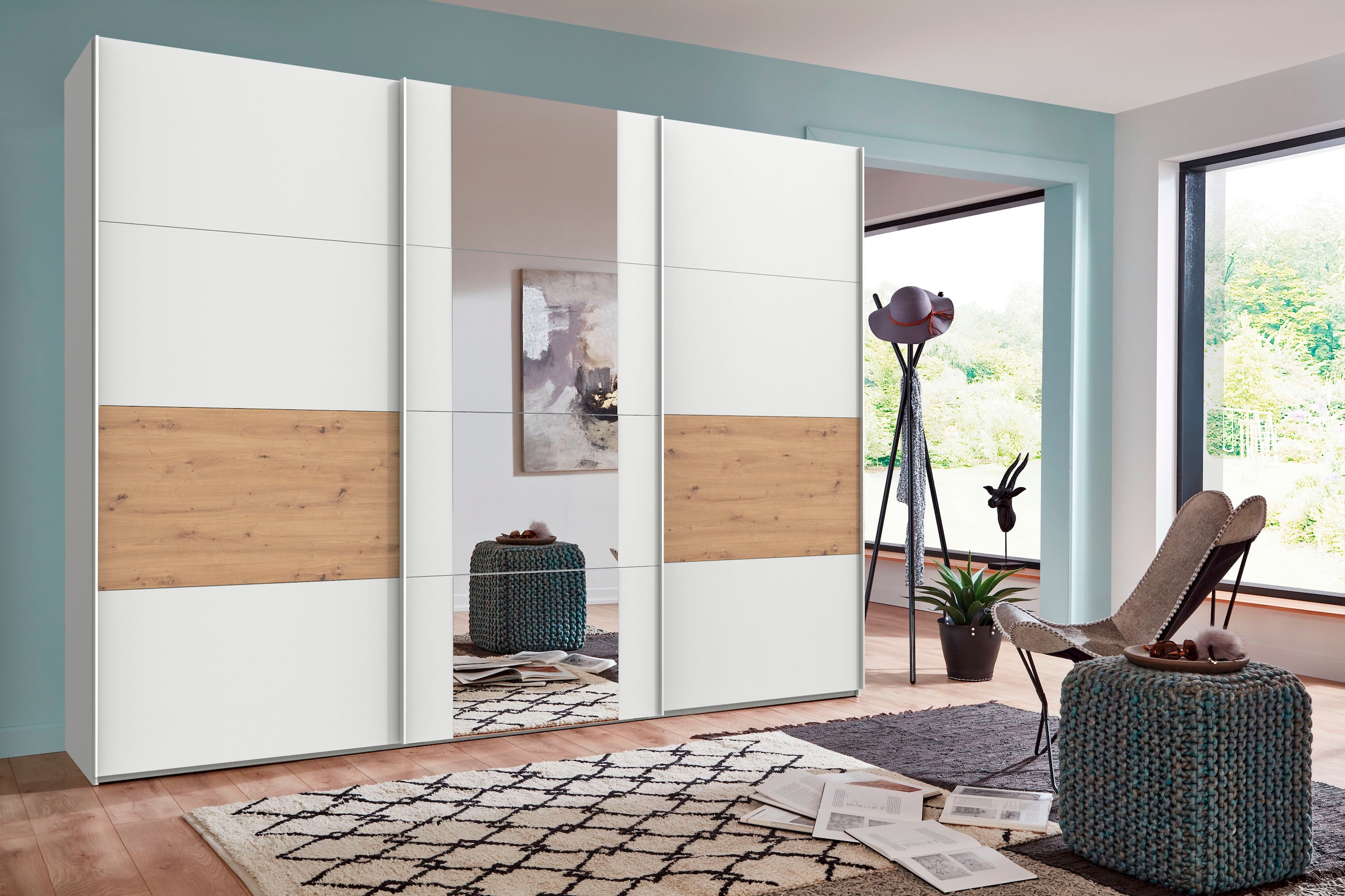 Wimex Schwebetürenschrank »Barmbek Schlafzimmerschrank BESTSELLER Garderobenschrank«, Kleiderschrank mit 2 Stoffboxen und 2 zusätzlichen Böden, Spiegeltür