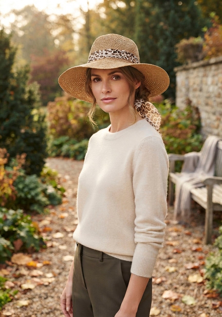 Laura Scott Sonnenhut mit modischem Leopard Schleifenband