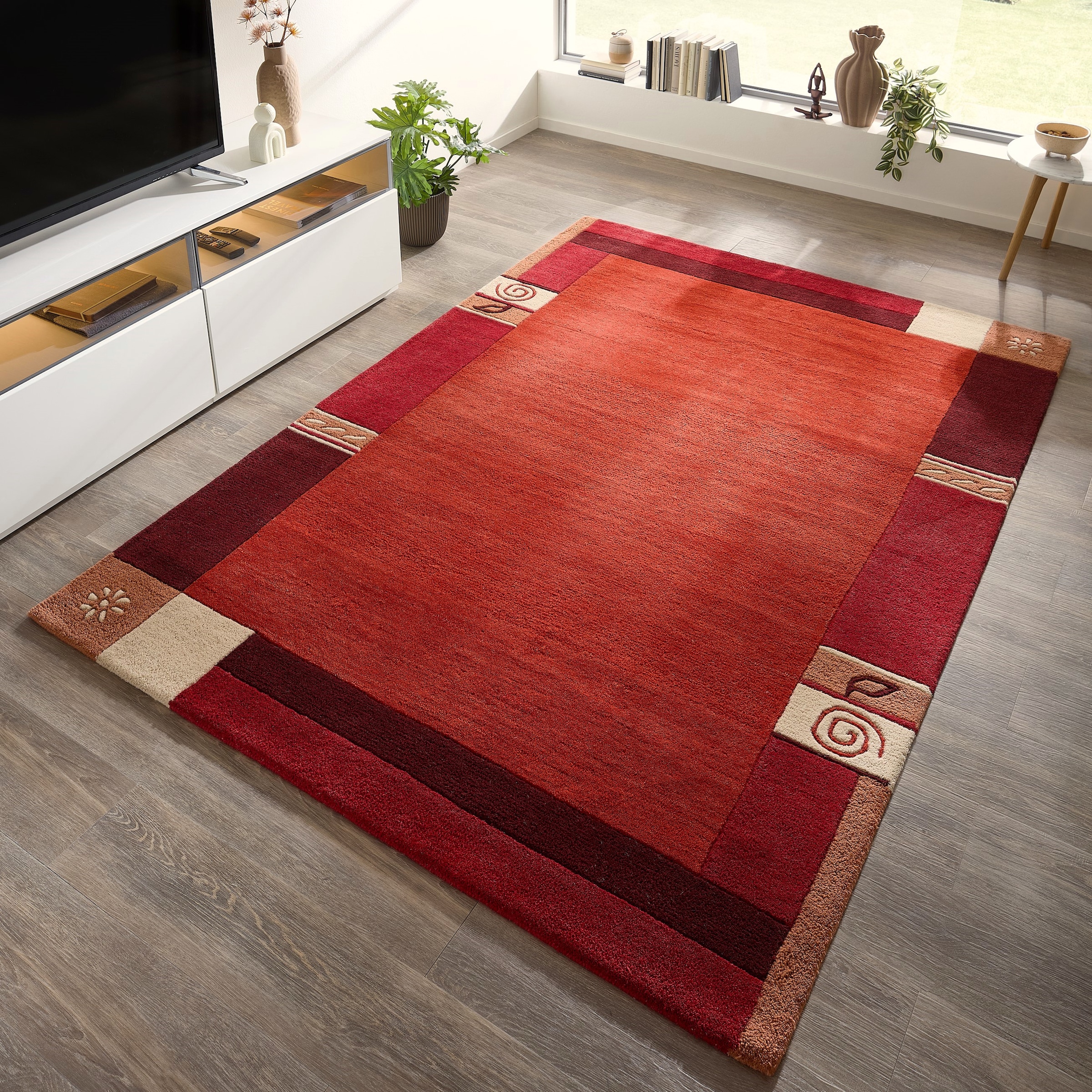 THEKO Wollteppich »Tromso, Wolle, Handgefertigt, Bordüre mit Hoch-Tief-Effekt« rechteckig 15 mm Höhe Wohnzimmer, Schlafzimmer, Esszimmer