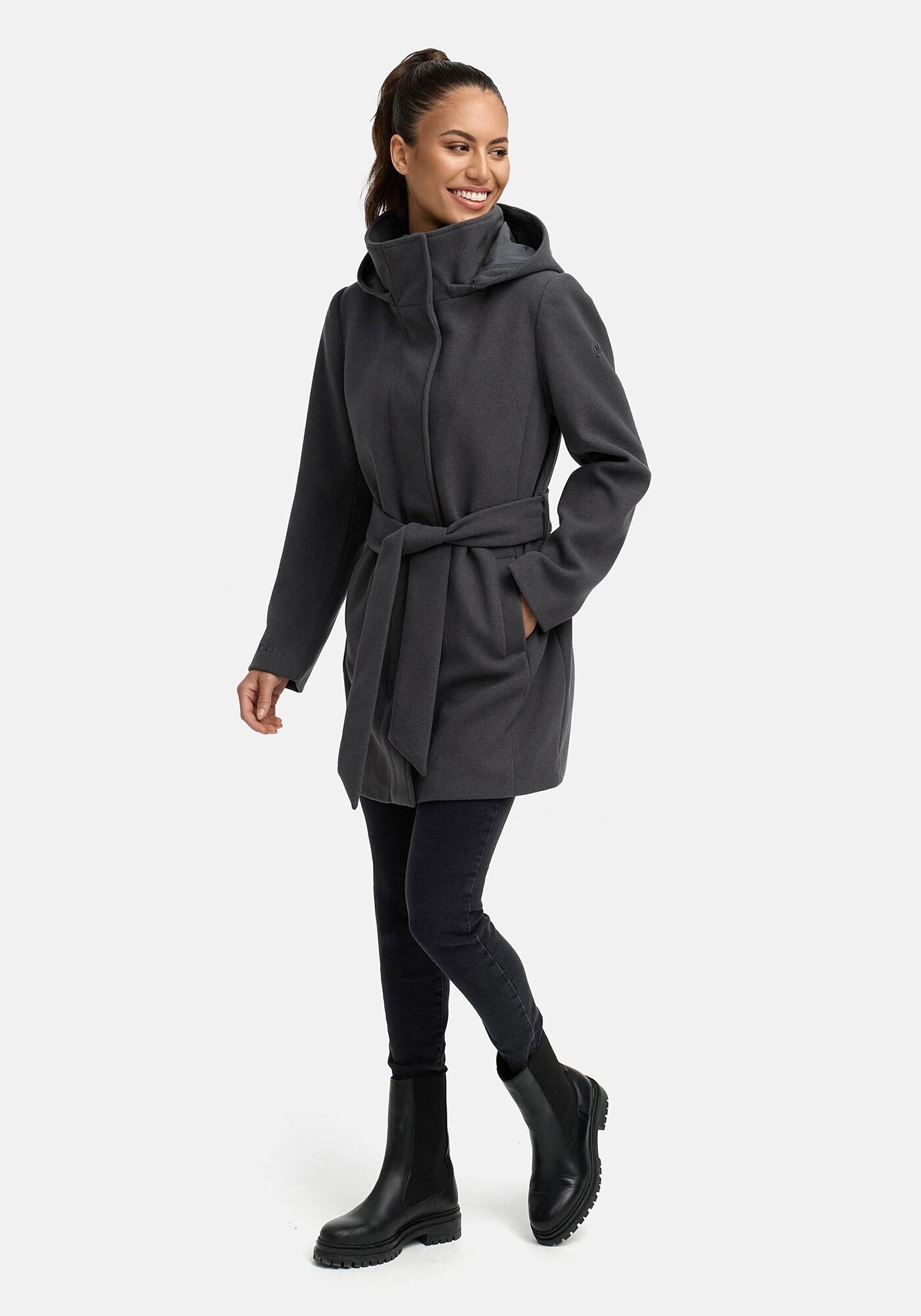 Marikoo Kurzmantel »Katalinaa«, Eleganter Wickel Mantel mit Taillengürtel und Oversized Hood Kapuze
