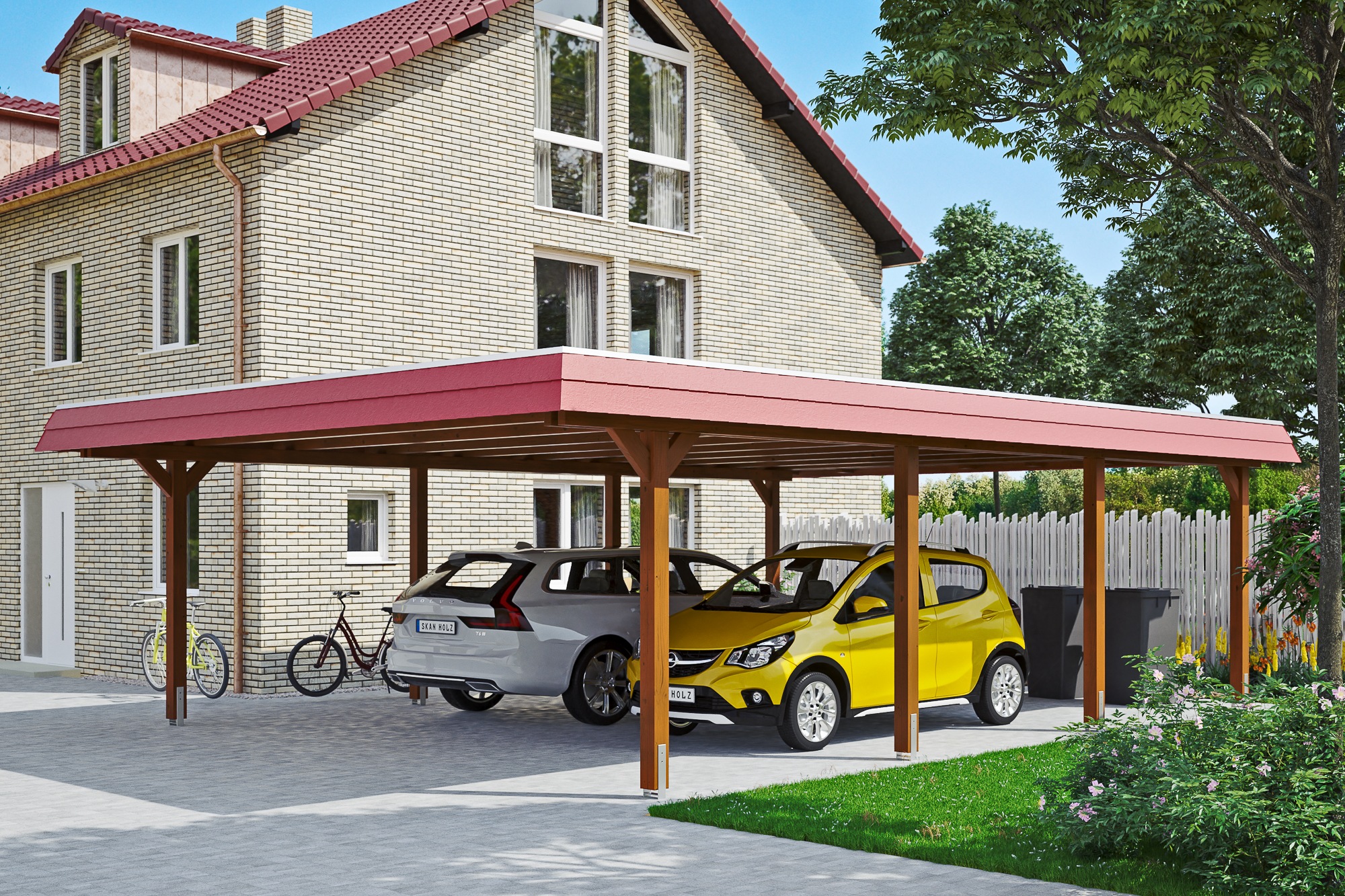 Skanholz Doppelcarport »Wendland«, 550 cm, Nussbaum, mit EPDM-Dach, rote Blende