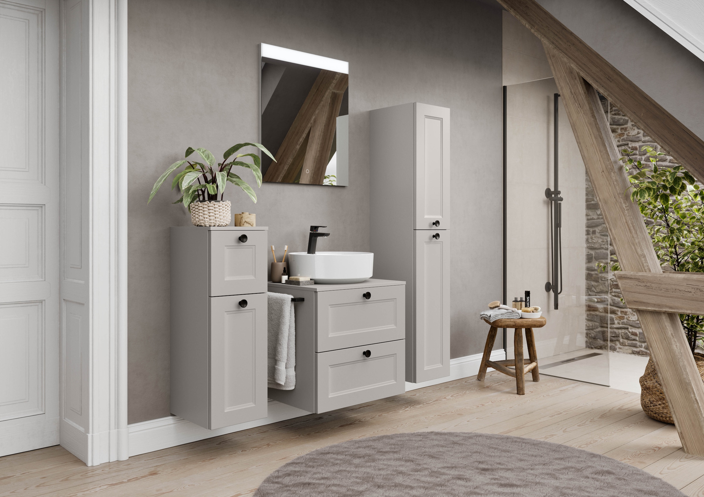 nobilia® Badmöbel-Set »Cascada« Set, inkl.  Aufsatzwaschbecken und beleuchtetem  Spiegel mit Touch-Sensor, 2 Stk. tlg.