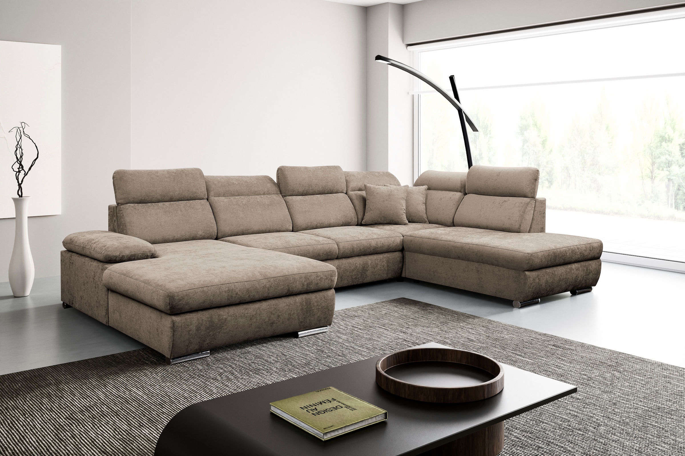 WERK2 Wohnlandschaft "Cordoba 359 x 232 cm inkl. Bett modern und bequem" Struktur, U-Form, XXL, Schlaffunktion, Bettkasten