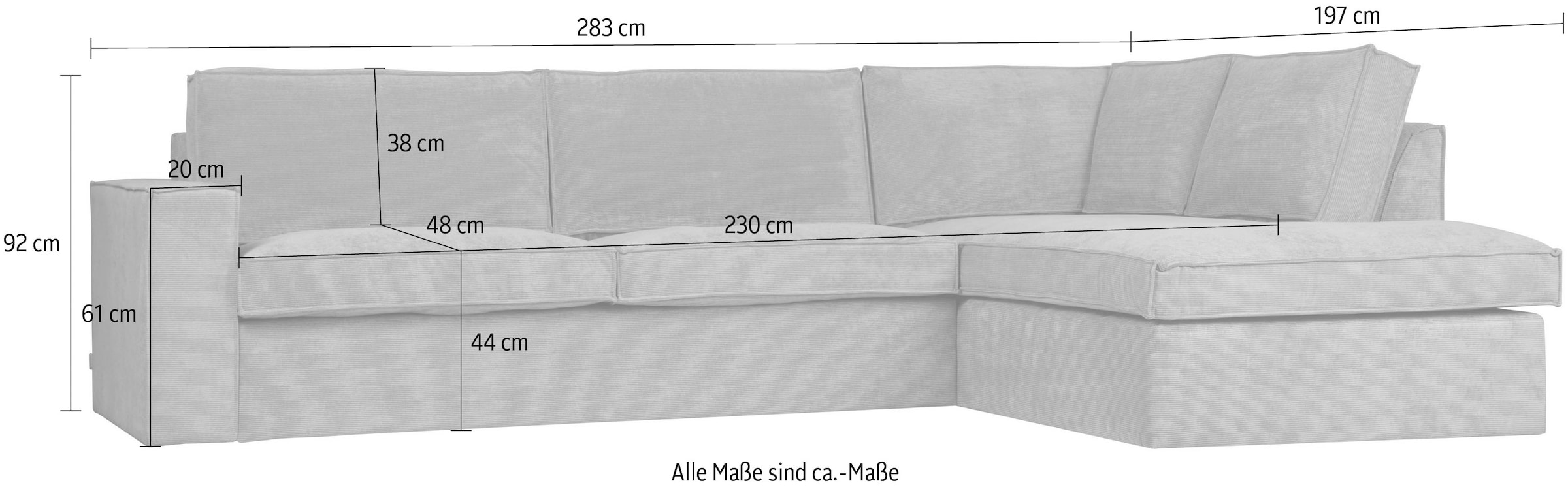 WOOOD Ecksofa »Thomas«, frei im Raum stellbar, Stellmaße H 92 cm x B 283 cm, L-Form