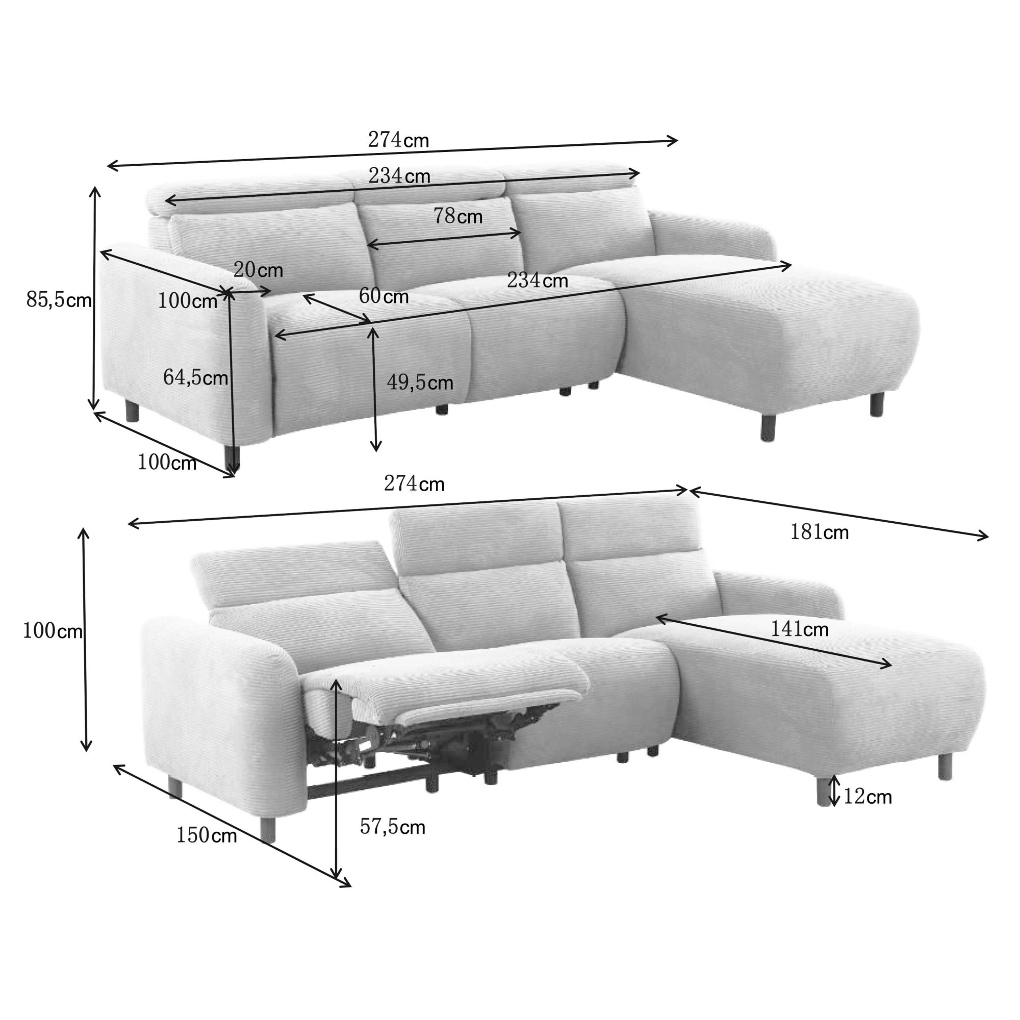 Home affaire Ecksofa »SKAANE in Cord, L-Form, 274 cm, manuelle u. elektrische Funktion,«, Kopfteilverstellung, Relax-und Liegefunktion, Federkernpolsterung