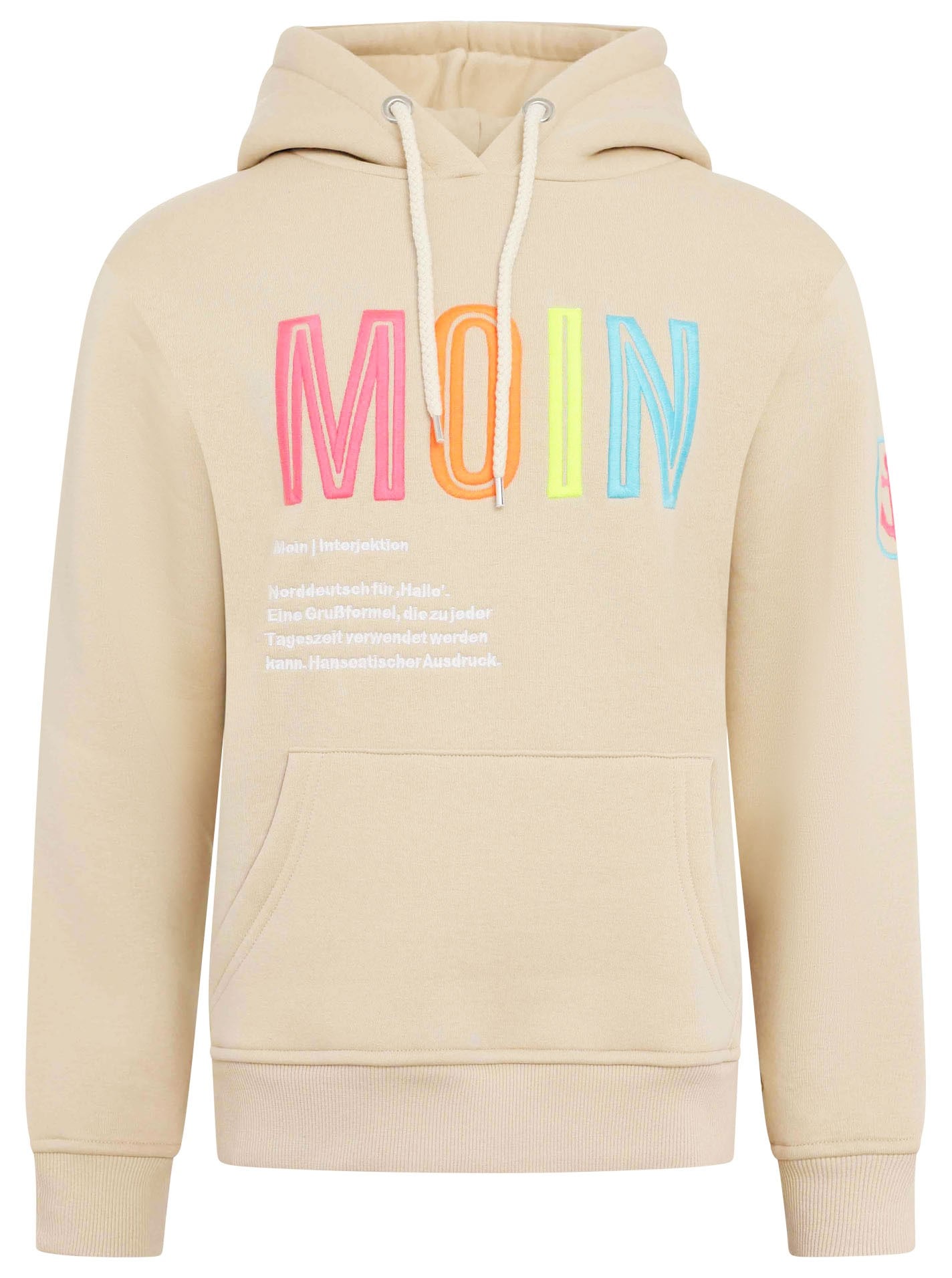 Zwillingsherz Sweat-Hoodie, mit aufgesticktem "MOIN"-Schriftzug in Neonfarben