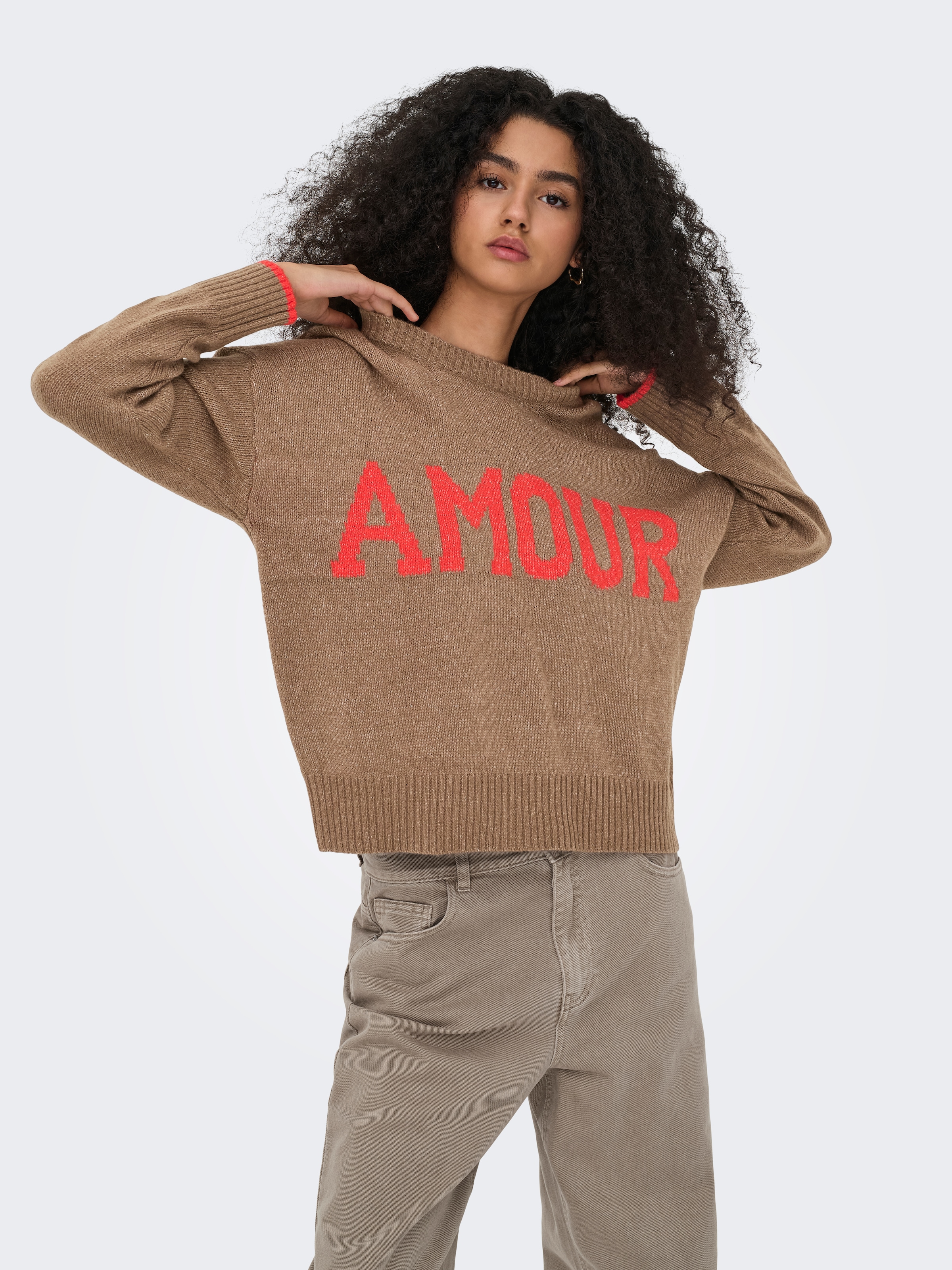 ONLY Rundhalspullover "ONLNEW AMOUR LS TEXT O-NECK CS KNT" günstig online kaufen