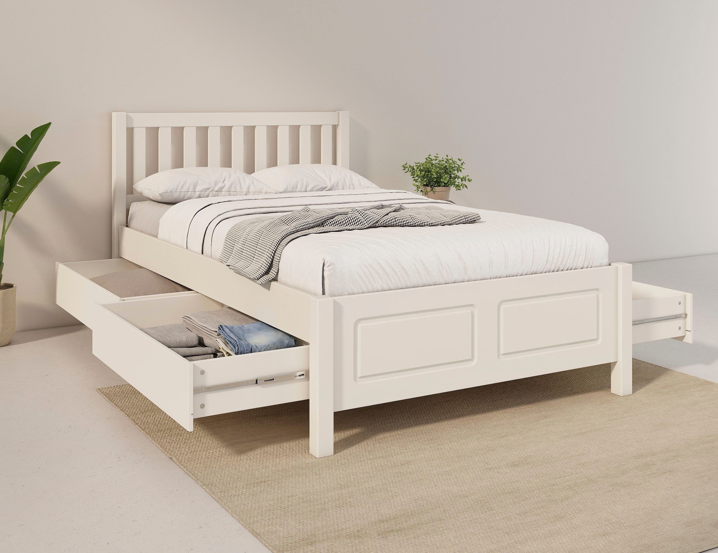 OTTO home Stauraumbett »Synnra, maximaler Stauraum, 4 Schubladen, Made in EU, Landhausstil« FSC® zertifiziert, Kassettenfront, Stauraumlösung und Komfort