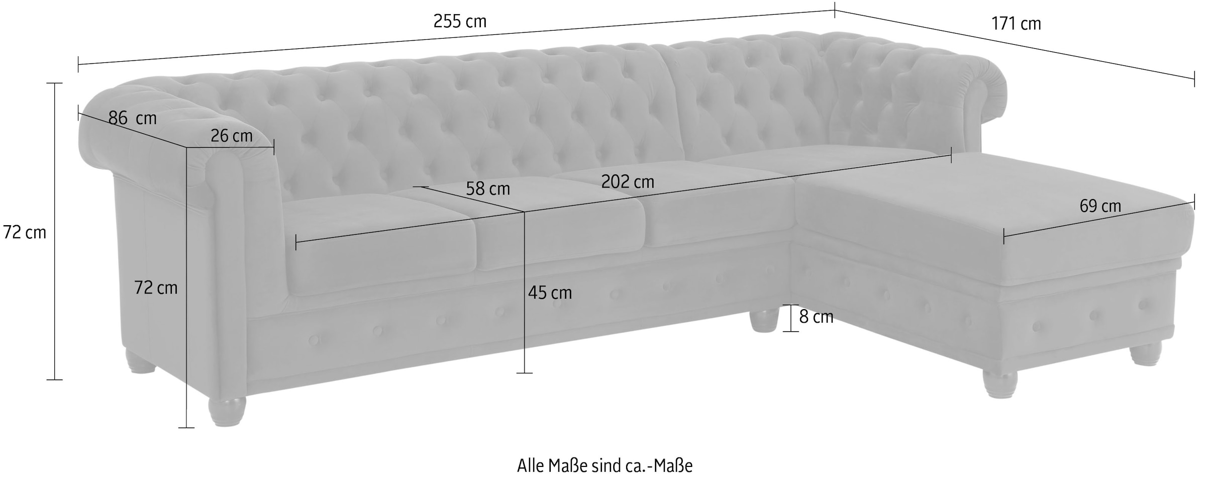 Home affaire Chesterfield-Sofa »New Castle L-Form«, hochwertige Knopfheftung in Chesterfield-Design, B/T/H: 255(171/72)