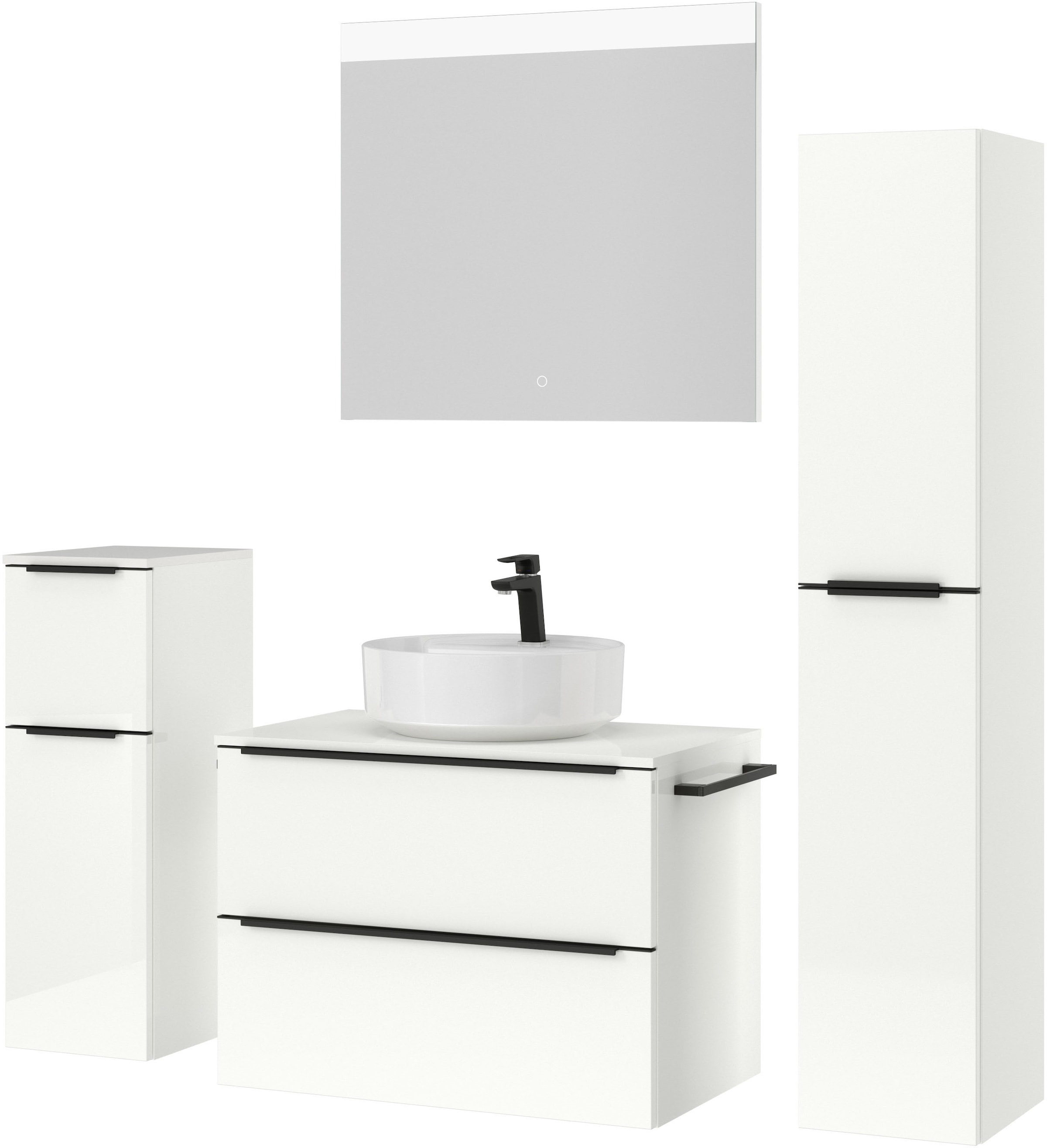 nobilia® Badmöbel-Set »Alvene«, (4 St., vormontiert, mit Soft-Close), Hochglanz, inkl. Spiegel mit Touch-Sensor, in vier Breiten