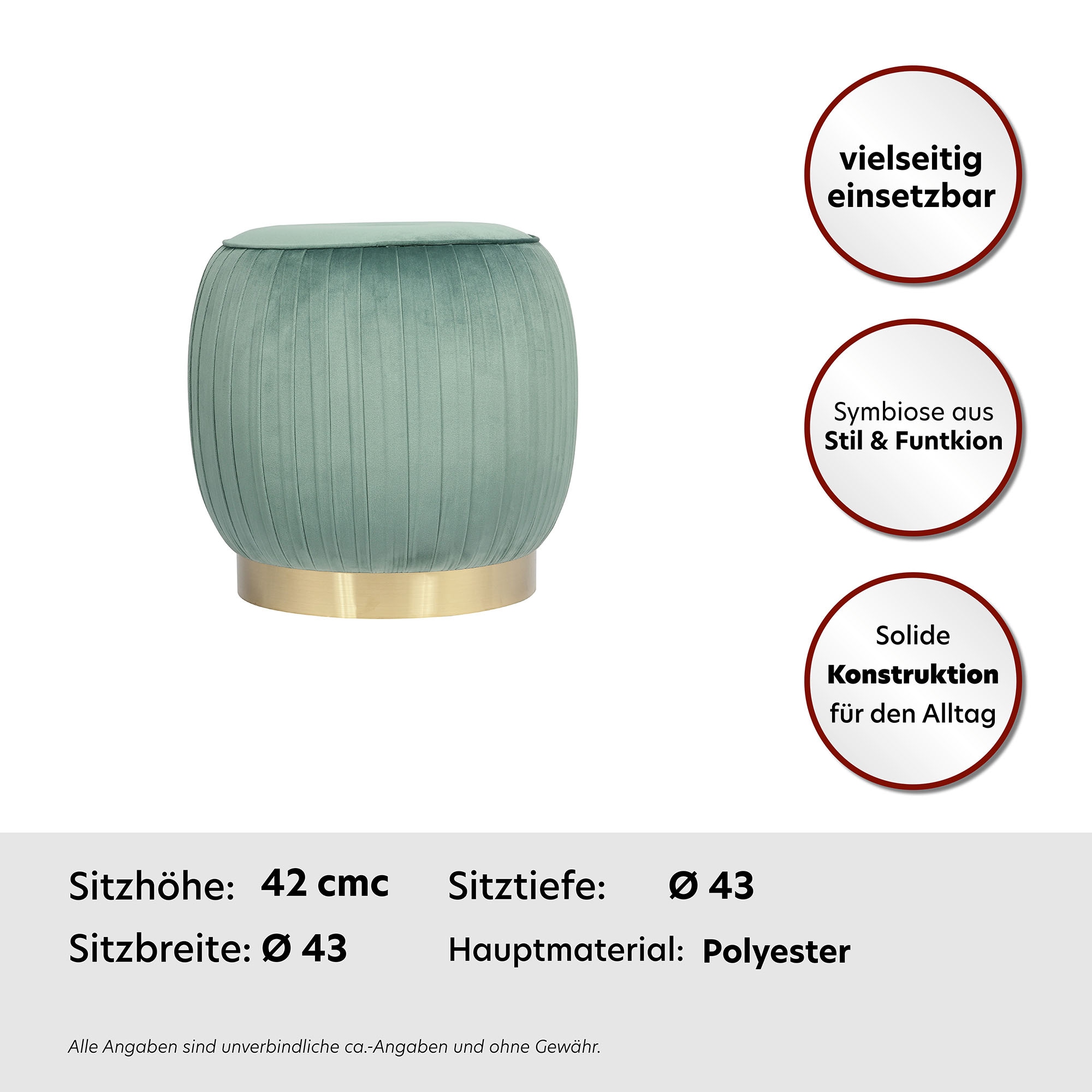 Kayoom Polsterhocker »Hocker Lyla 125, Edler Touch durch goldenen Sockel, Samtbezug«, (1 St.), samtweich, gesteppte Ziernaht, Edelstahlsockel, Hochwertiger Samtbezug