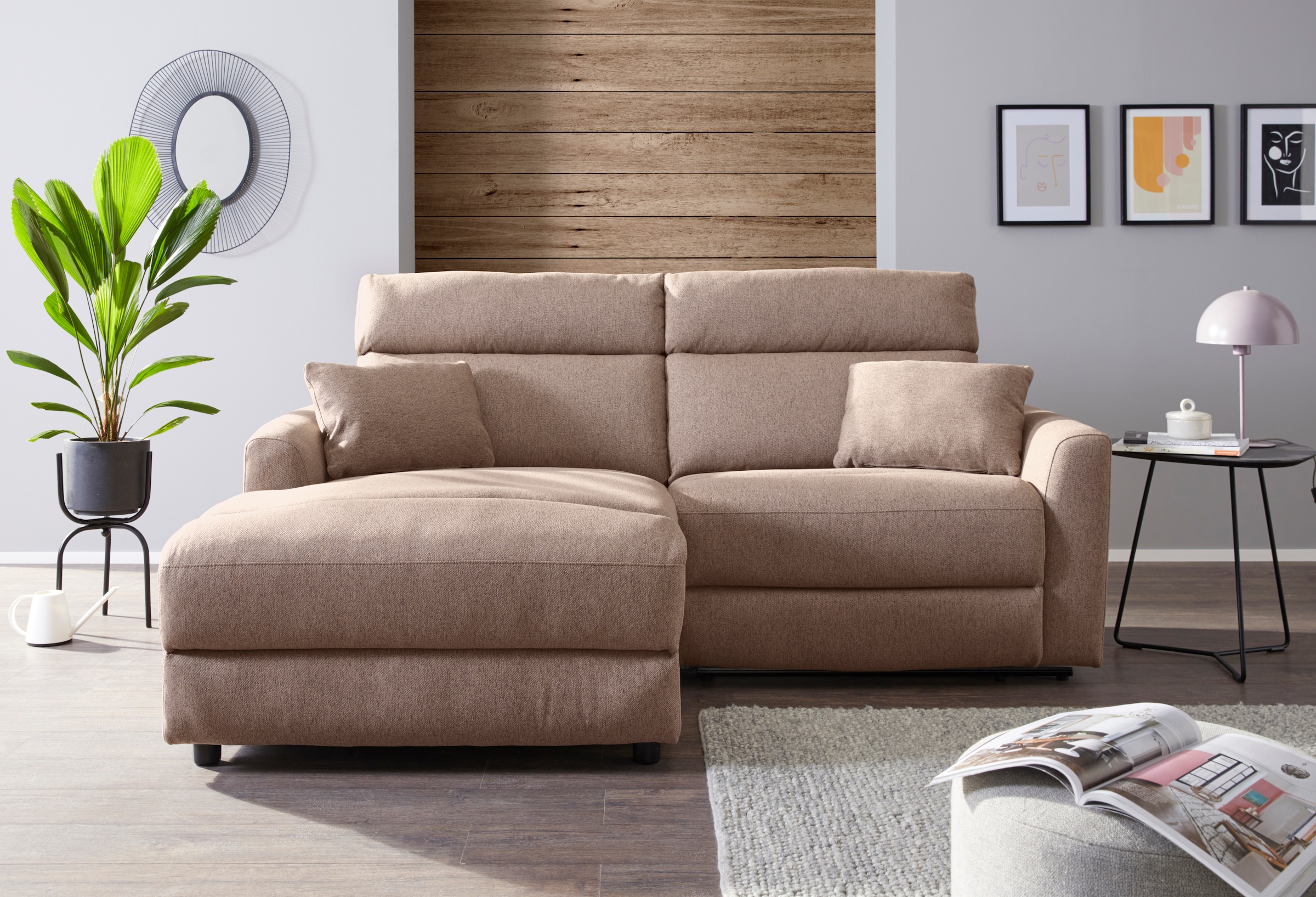 INOSIGN Ecksofa »JENNA, L-Form, 209cm, manuelle u. elektrische Funktion, mit USB A/C,«, Liegefunktion 105°-150°, Federkern, Struktur fein