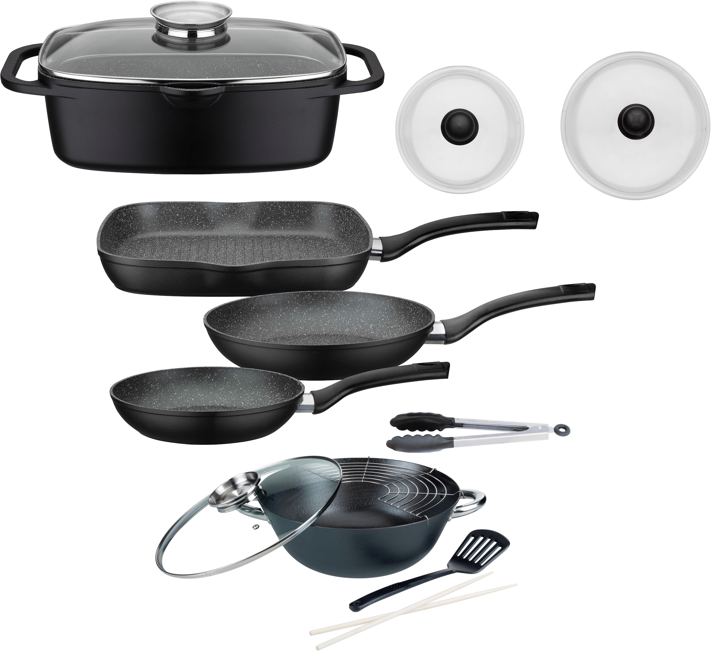 GSW Topf-Set »Gourmet«, Aluminiumguss, (Set, 8 tlg., 3-tlg. Pfannen-Set, 2 Glasdeckel, 1 Bräter, 1 Wok, 1 Küchenzange), Induktion