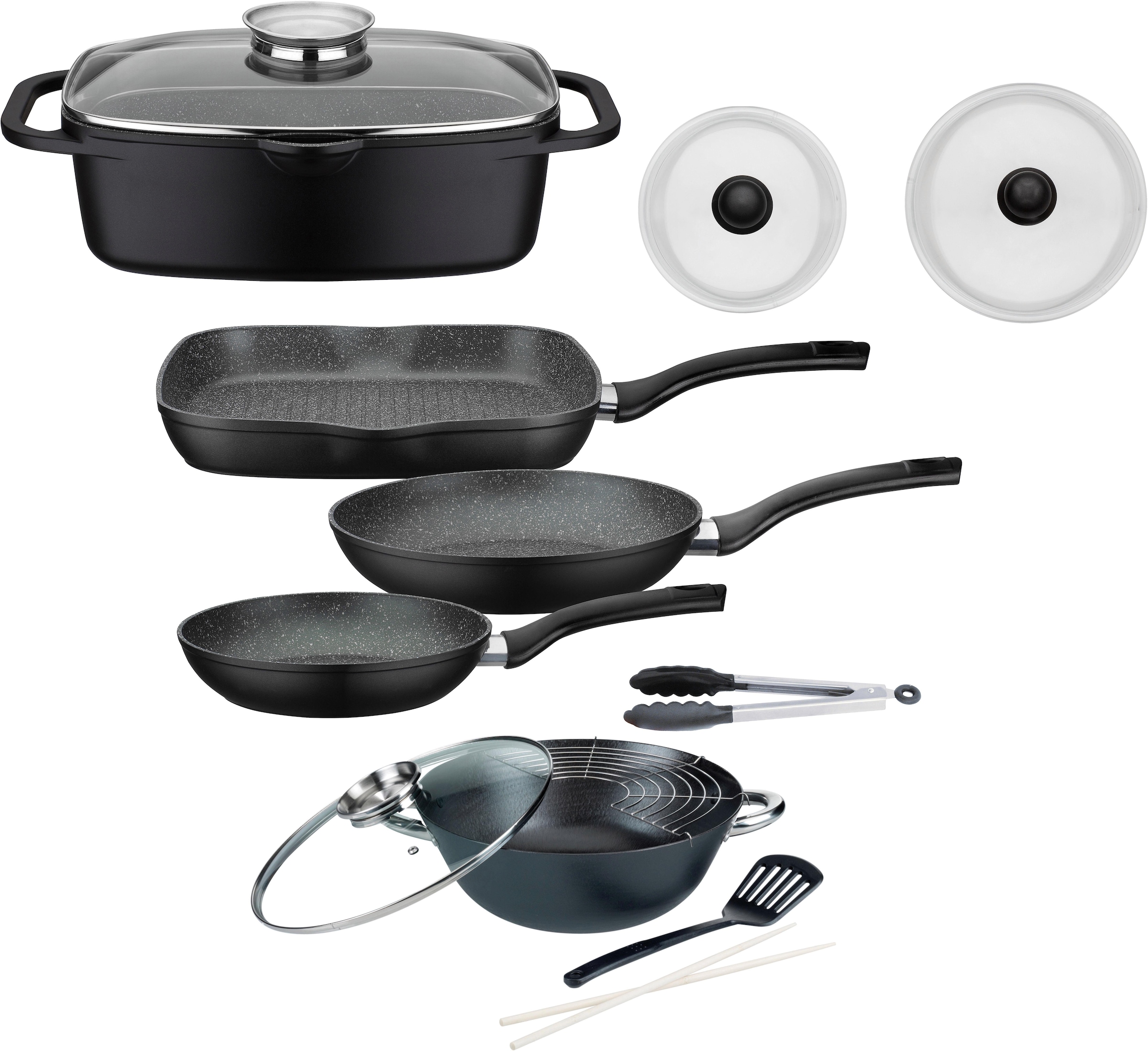 GSW "Gourmet" Set, 3-tlg. Pfannen-Set, 2 Glasdeckel, 1 Bräter, 1 Wok, 1 Küchenzange, 8 Stk. tlg. Aluminiumguss