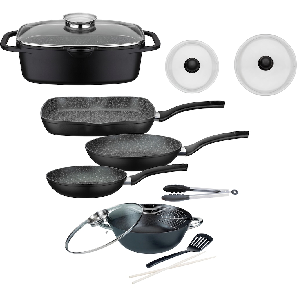 GSW Topf-Set »Gourmet«, Aluminiumguss, (Set, 8 tlg., 3-tlg. Pfannen-Set, 2 Glasdeckel, 1 Bräter, 1 Wok, 1 Küchenzange)