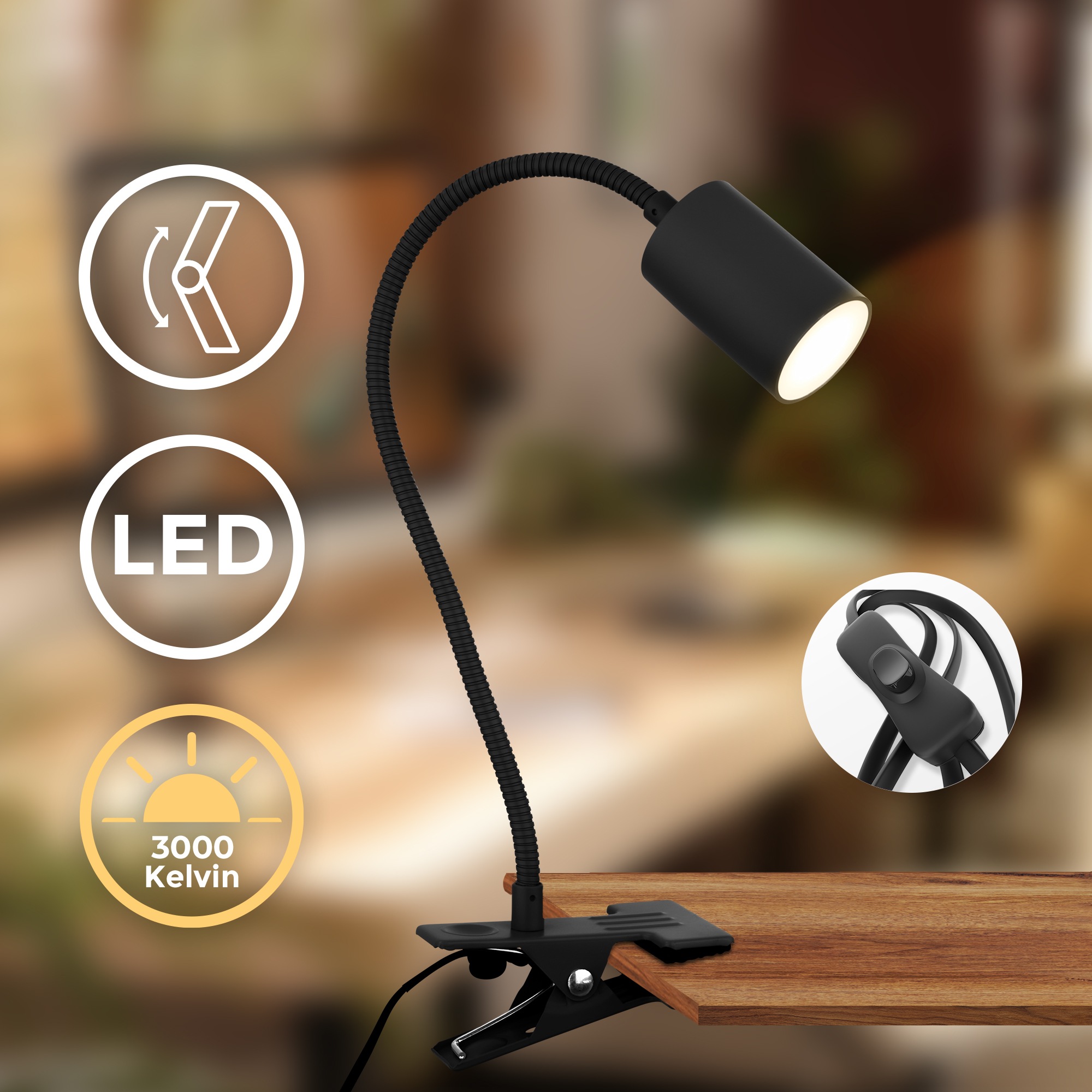 B.K.Licht LED Klemmleuchte »LED Klemmleuchte«, 1 flammig, 40 x 10 x 6,5 cm, Schwarz, 3,5W, Leselampe Büro