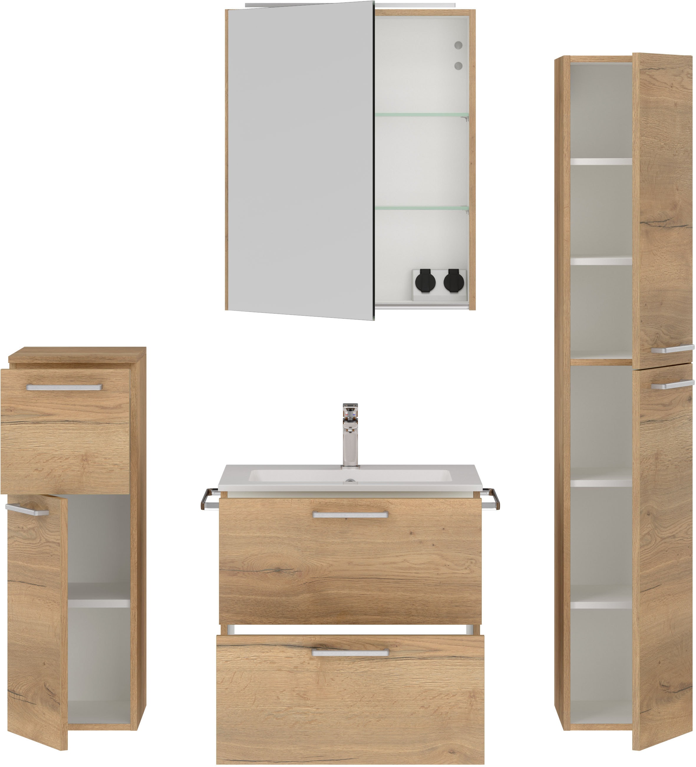 nobilia® Badmöbel-Set »Tolvina«, (4 St., vormontiert, mit Soft-Close), inkl. Spiegelschrank mit Beleuchtung und Dimmerfunktion, in 4 Breiten