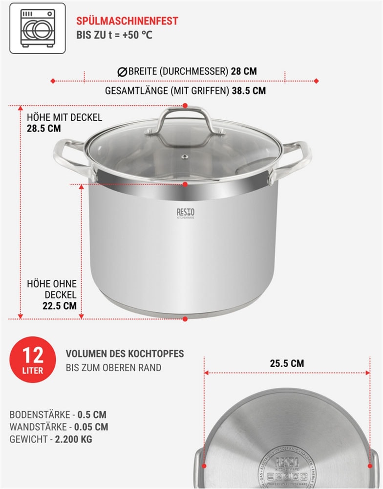 RESTO Kitchenware Kochtopf »Libra, Universaltopf energiesparend und spülmaschinenfest«, Edelstahl 18/10, (2 tlg.), Induktion, für alle Herdarten geeignet mit hitzebeständigem Glasdeckel