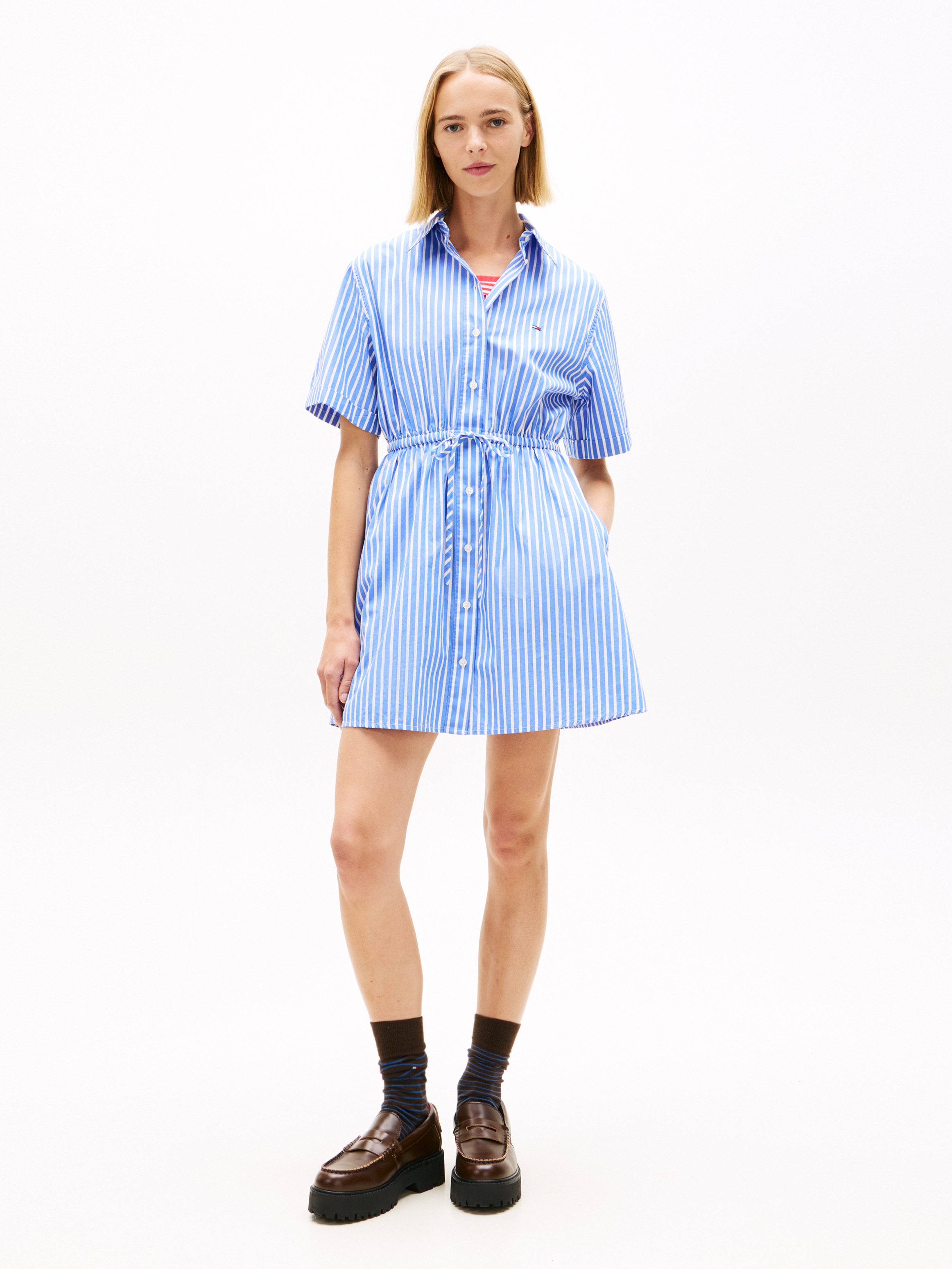 Tommy Jeans Hemdblusenkleid "Tjw Mini Stripe Shirt Dress" Eingrifftaschen Mit Taillen Bindeband, Relaxed Fit
