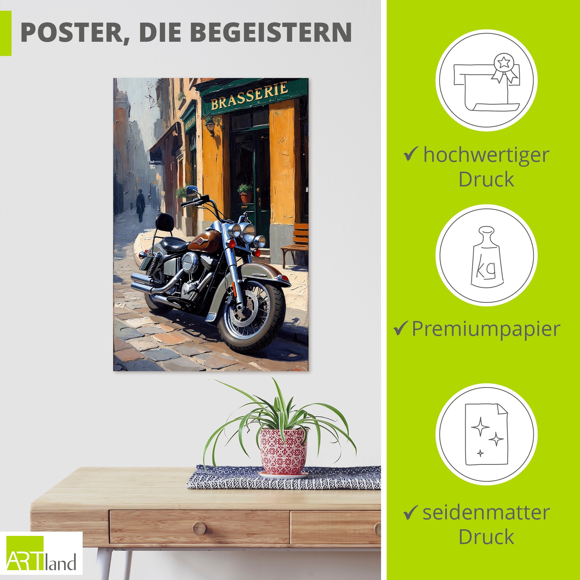 Artland Wandbild »Eine parkende Harley vor einem Brasserie« 1 Stk. tlg. als Alubild, Leinwandbild, Poster, Wandaufkleber in verschied. Größen