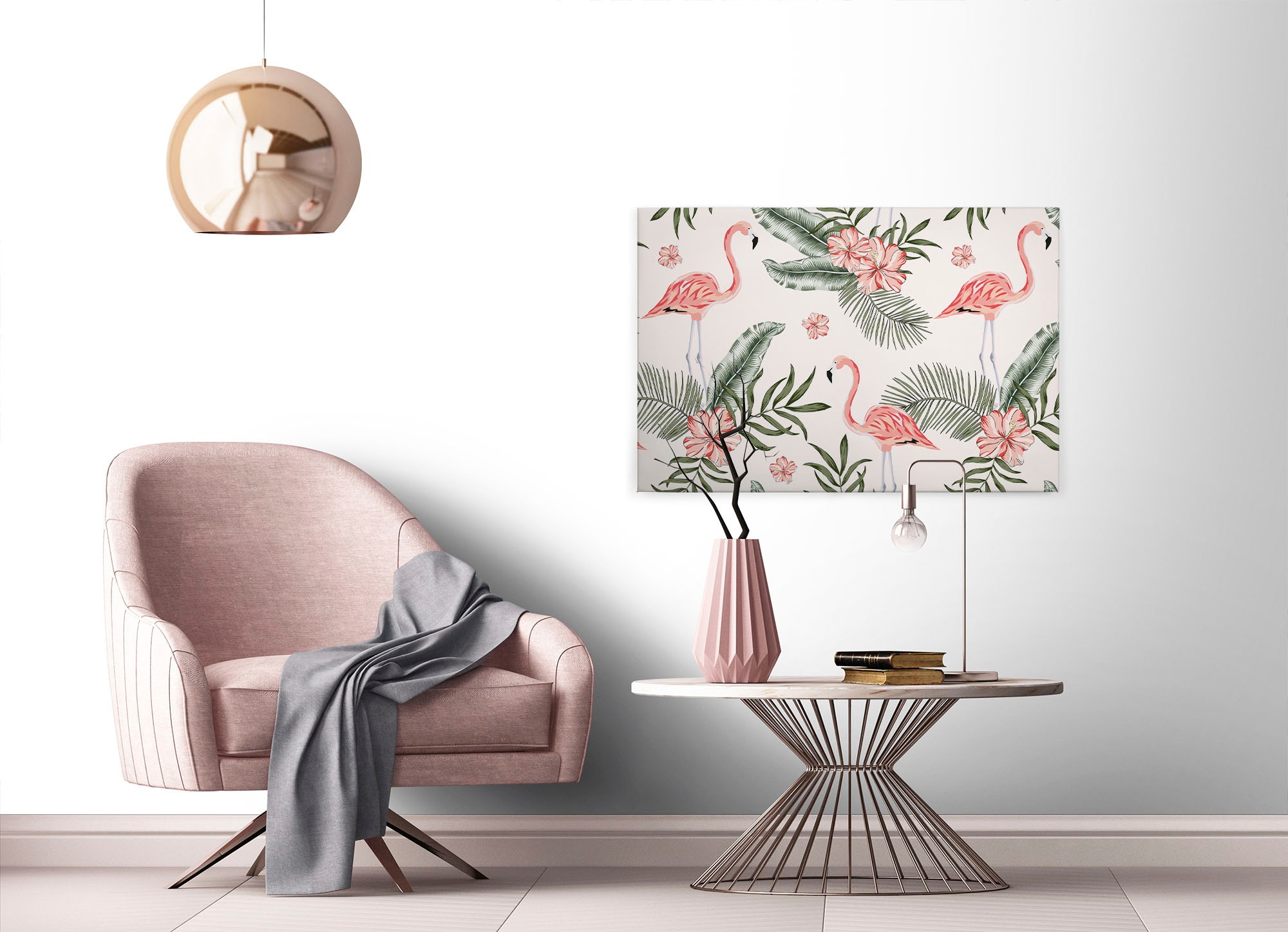 A.S. Création Leinwandbild »Tropical Vibes«, Kunst-Blumen-Kinder, (1 St.), Palmenblätter Flamingo Keilrahmen Leinwand-Bild Wohnzimmer modern Wand