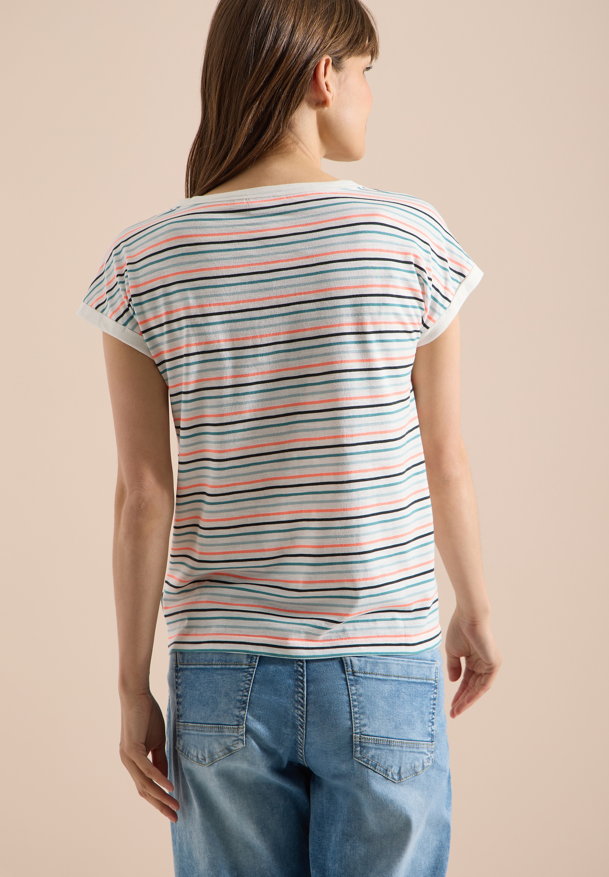 Cecil Kurzarmshirt Sommershirt mit Turn-Up-Detail/Streifen-Optik