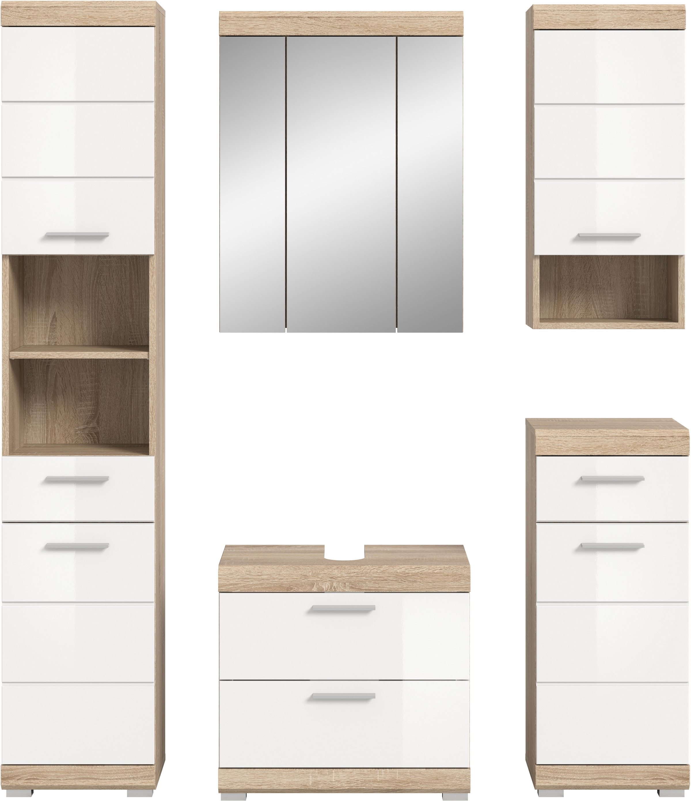 INOSIGN Badmöbel-Set »Siena, 5 teilig, bestehend aus:«, (Set), Hochschrank, WBU, Spiegelschrank, Unterschrank, Hängeschrank