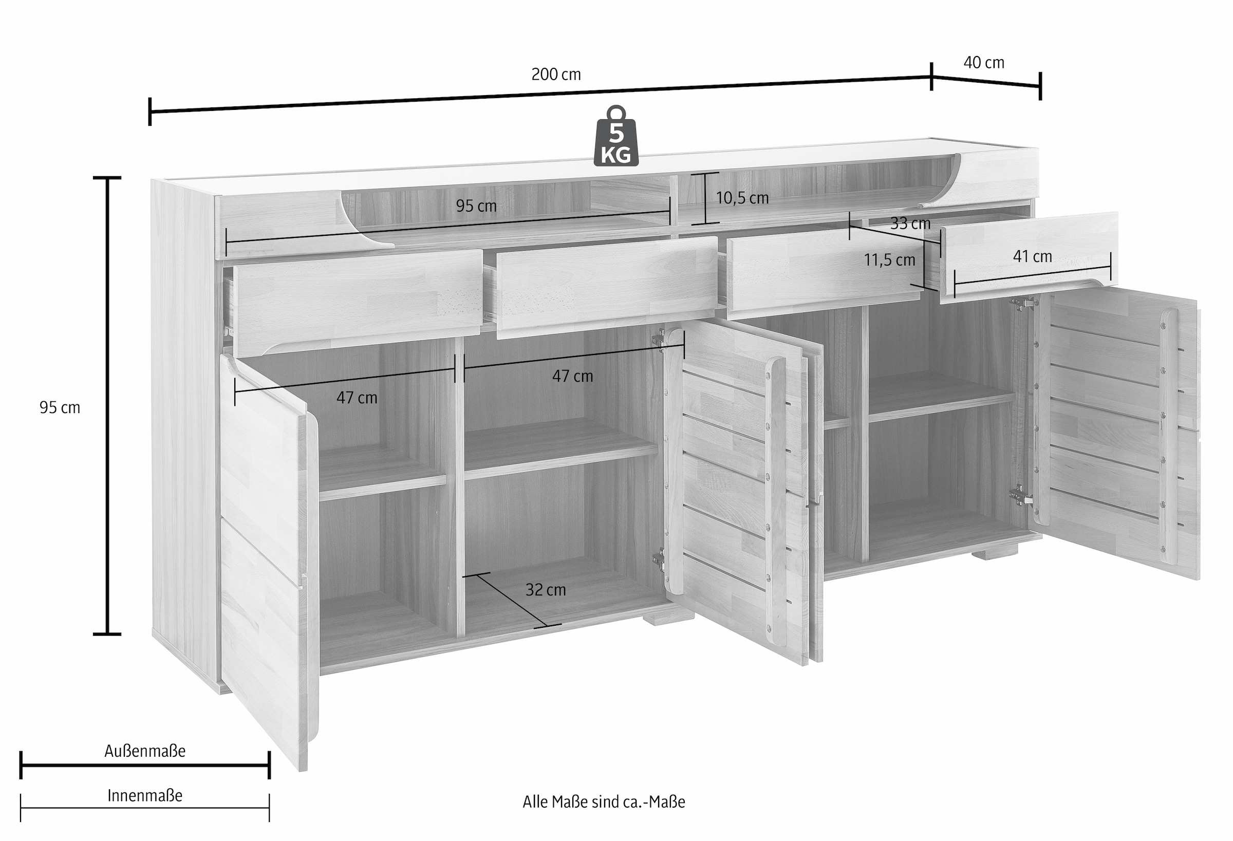 Home affaire Sideboard »Vetro,200cm breit,40 cm tief,4 Schubladen Oberplatte aus Glas«, Kernbuche massiv, Holzwerkstoff, 4Türen,4 Schubladen, Griffmulden