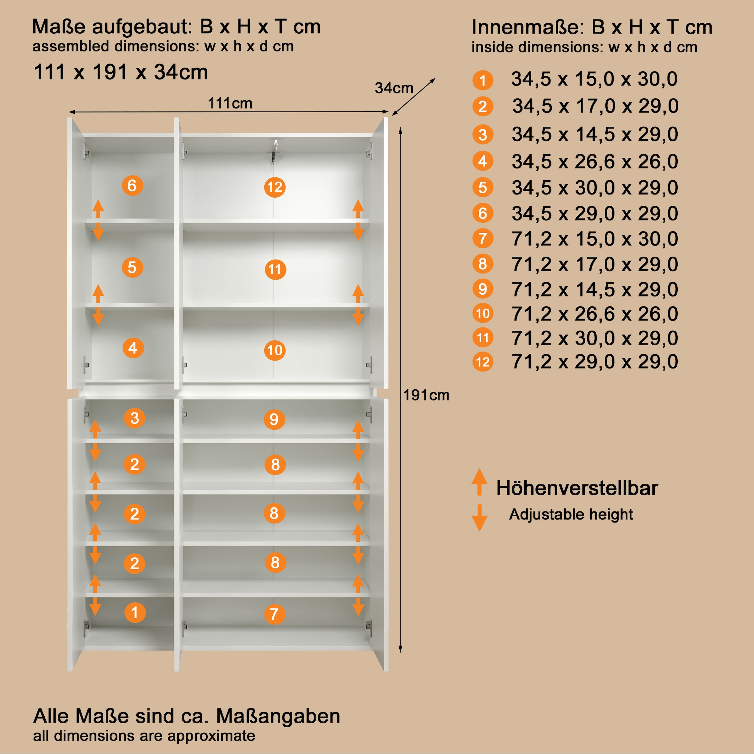 INOSIGN Garderoben-Set »Novara«, Mehrzweckschrank mit 6 Türen - (B/T/H) 111/34/191 cm