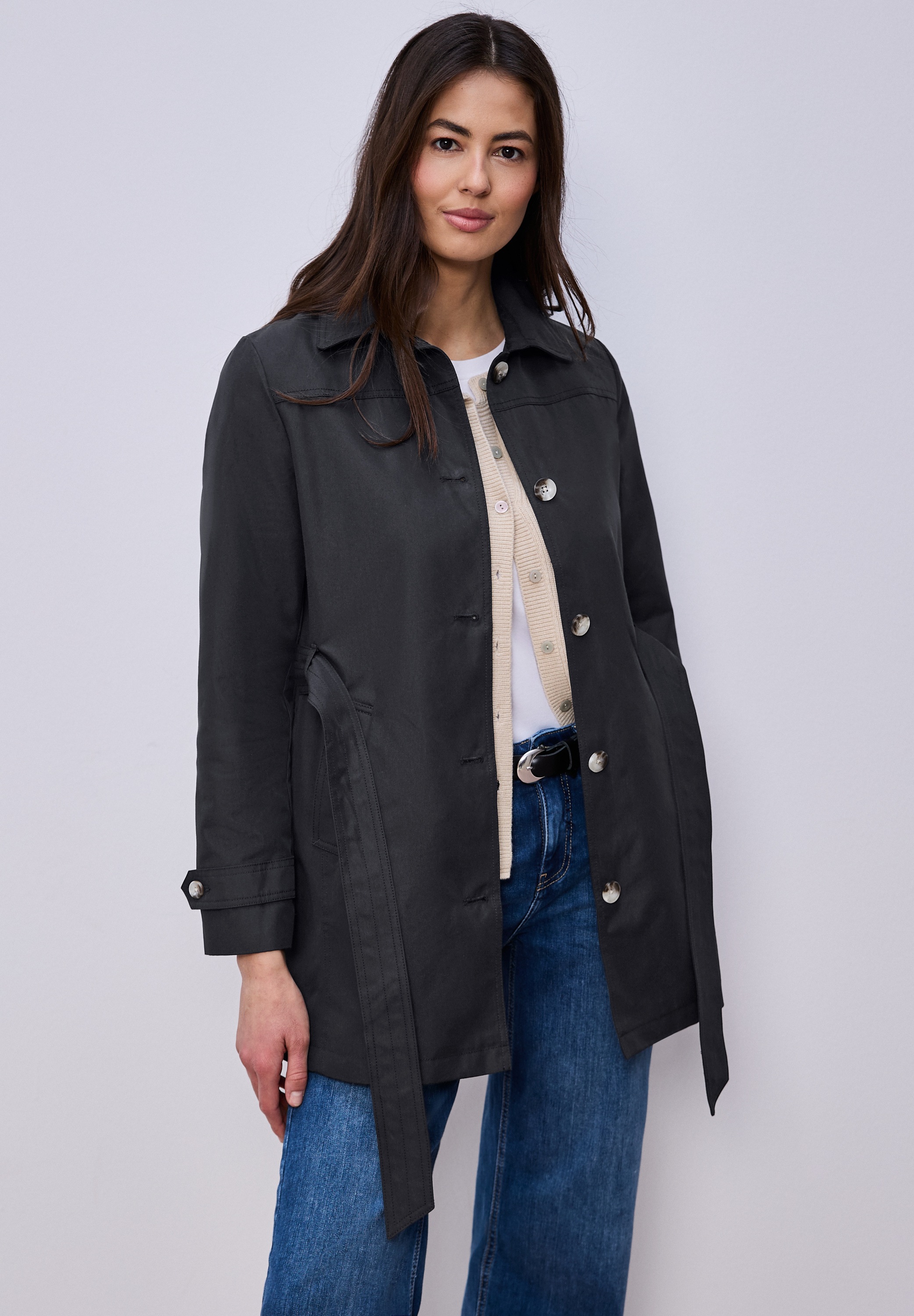 Outdoorjacke STREET ONE, Damen, Gr. 40, skyfall blau, Web, 69% Baumwolle, 31% Polyester, unifarben, normal ca. Mitte Oberschenkel, V-Ausschnitt, abgesteppt, Jacken Outdoorjacke, im soften Baumwoll-Mix