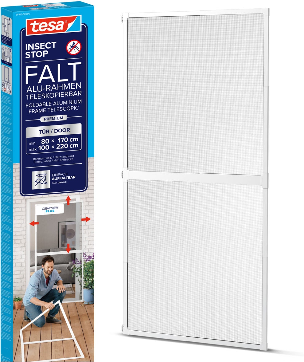 tesa Insektenschutz-Tür "FALT Alu Rahmen teleskopierbar Premium für Türen" Packung, Teleskop Alu Rahmen, 1 Stk. tlg. Alu Insektenschutz 80 cm x 170 cm bis 100x cm x 220 cm