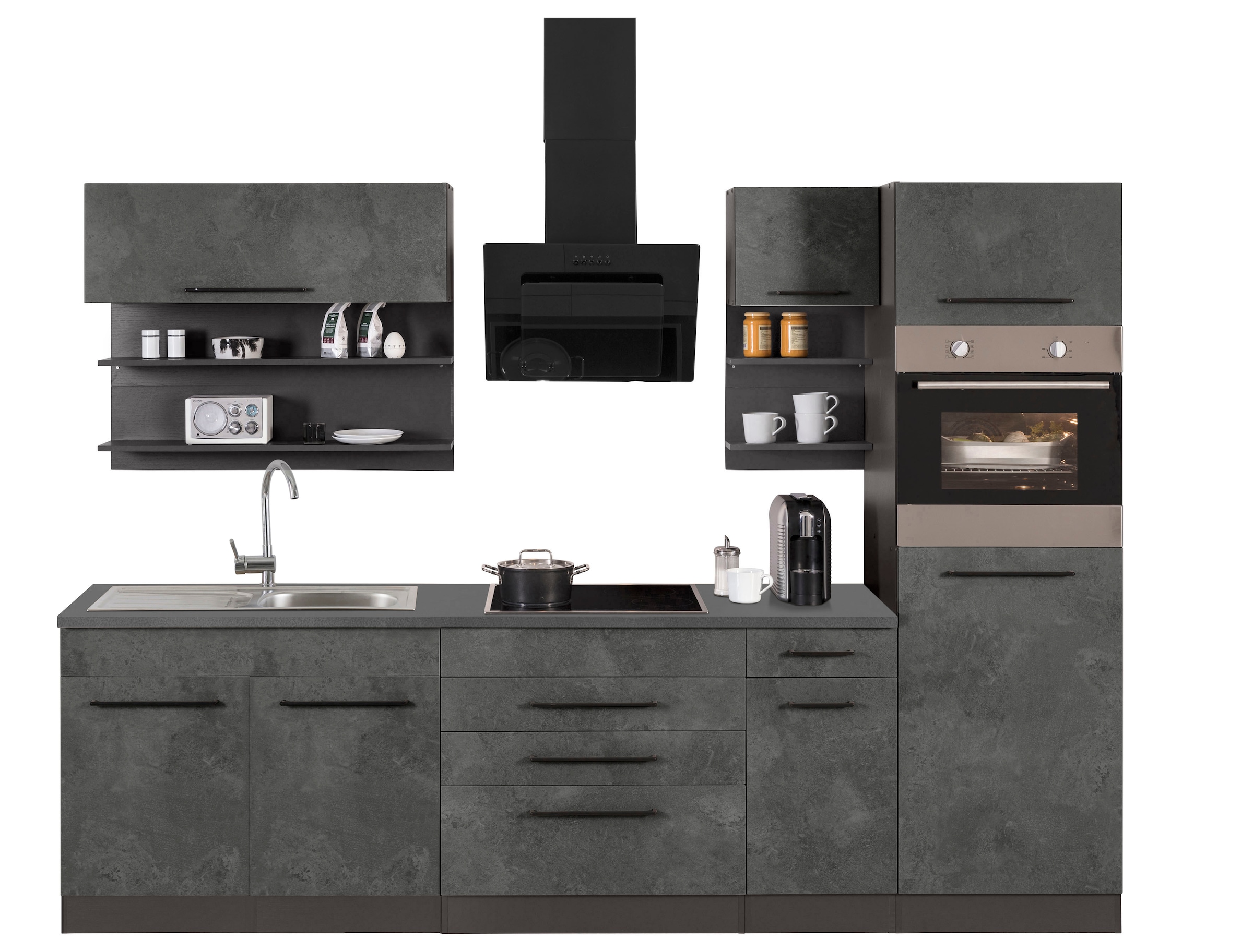 KOCHSTATION Küchenzeile "KS-Tulsa", mit E-Geräten, Breite 290 cm, schwarze Metallgriffe, MDF Fronten