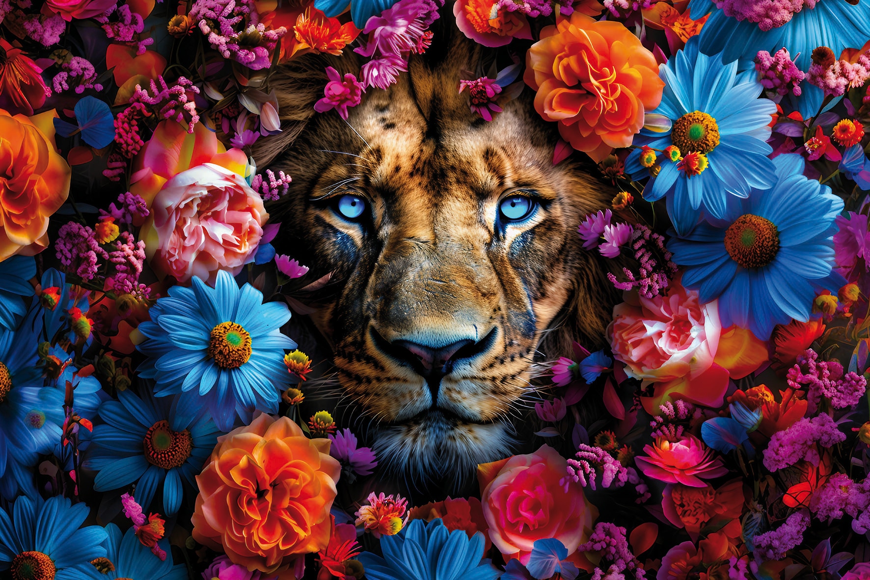 Bönninghoff Leinwandbild "Wandbild LÖWE BLUMENKRANZ 60x90 cm – Leinwandbild Keilrahmen Deko" Blumen Blumenbilder Kunst Löwe Löwen Pflanzen Pflanzenbilder Raubkatzen Tiere 1 Stk. tlg. auf Keilrahmen gespannt