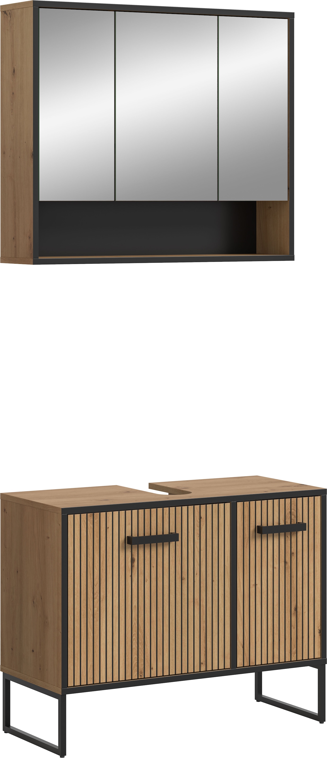 welltime Badezimmer-Set »LOCRI, 2-tlg. Badkombination, Breite 80 cm, Rillenoptik, Metallkufen« bestehend aus: Waschbeckeunterschrank & Spiegelschrank, 2 Stk. tlg.