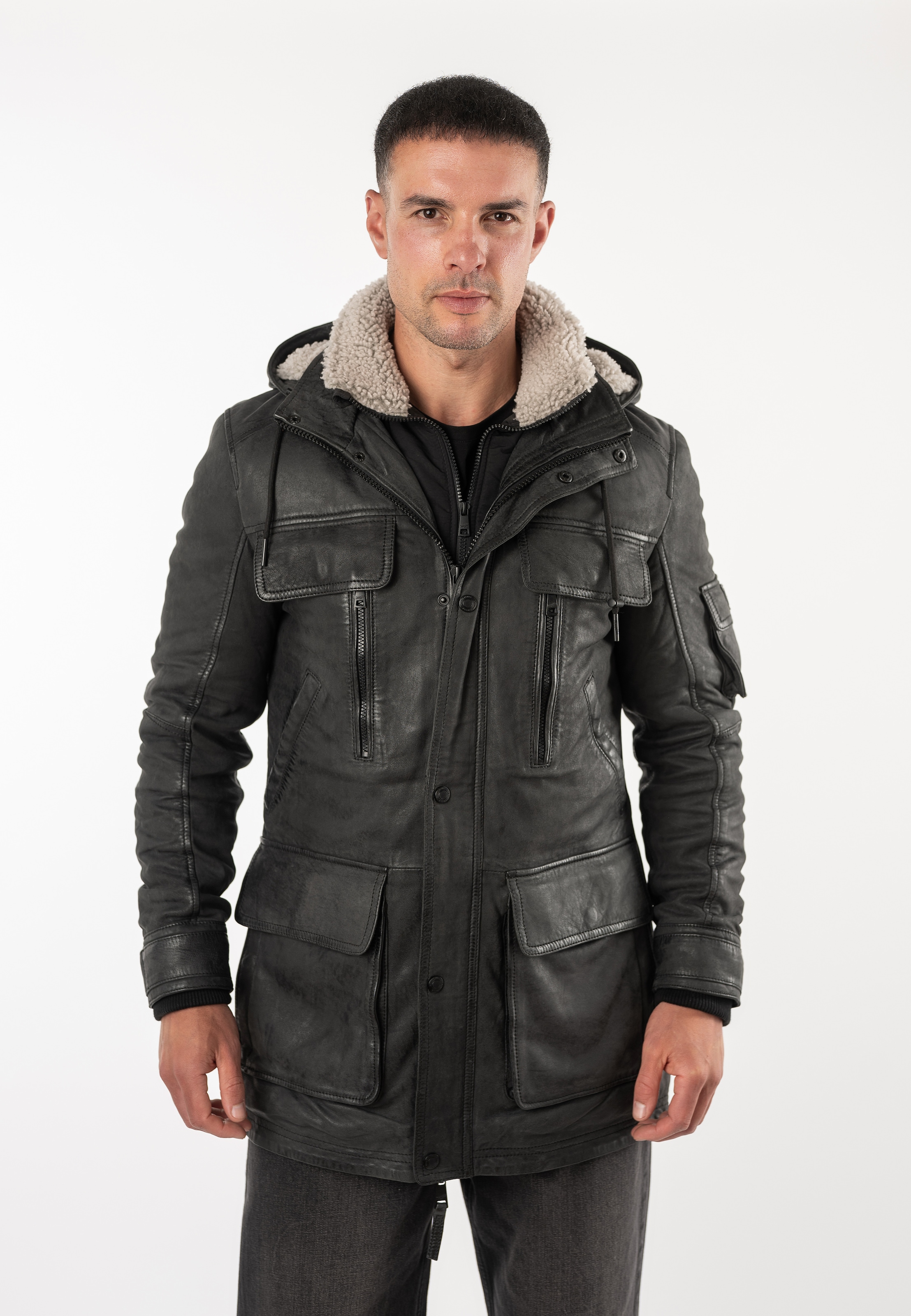 Mauritius Parka "MMUnimak" mit Kapuze aus Leder mit textilen Details
