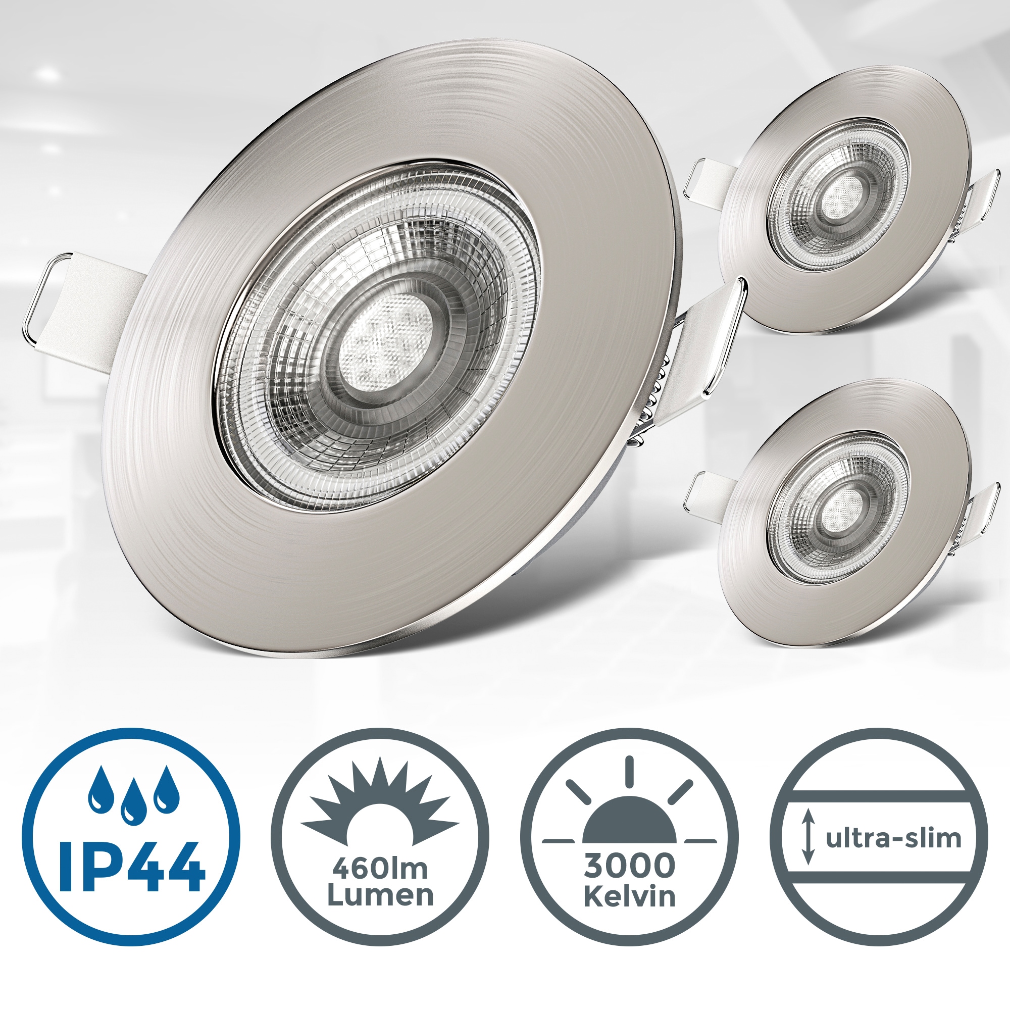 B.K.Licht ultraflache LED Einbauleuchte, 3er-Set, 3 x LED-Modul 5 Watt, 460lm, 3.000K,nicht dimmbar, Schutzart IP44