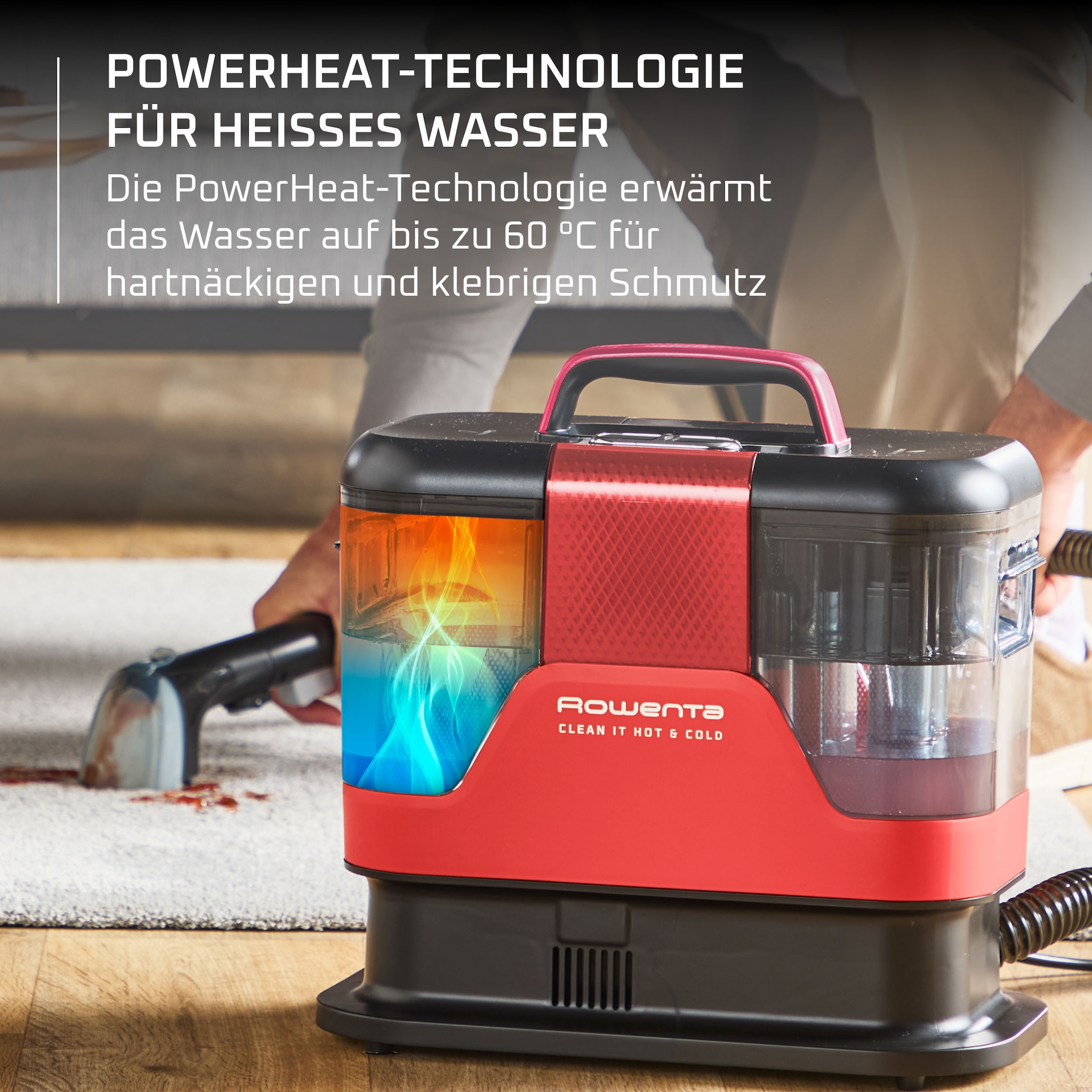 Rowenta Teppichreinigungsgerät »Fleckenentferner IN7020, Clean It Hot & Cold« PowerHeat 60 °C, 2,3 l/1,5 l Tanks, Auto‑Clean, Schmutzfänger-Aufsatz