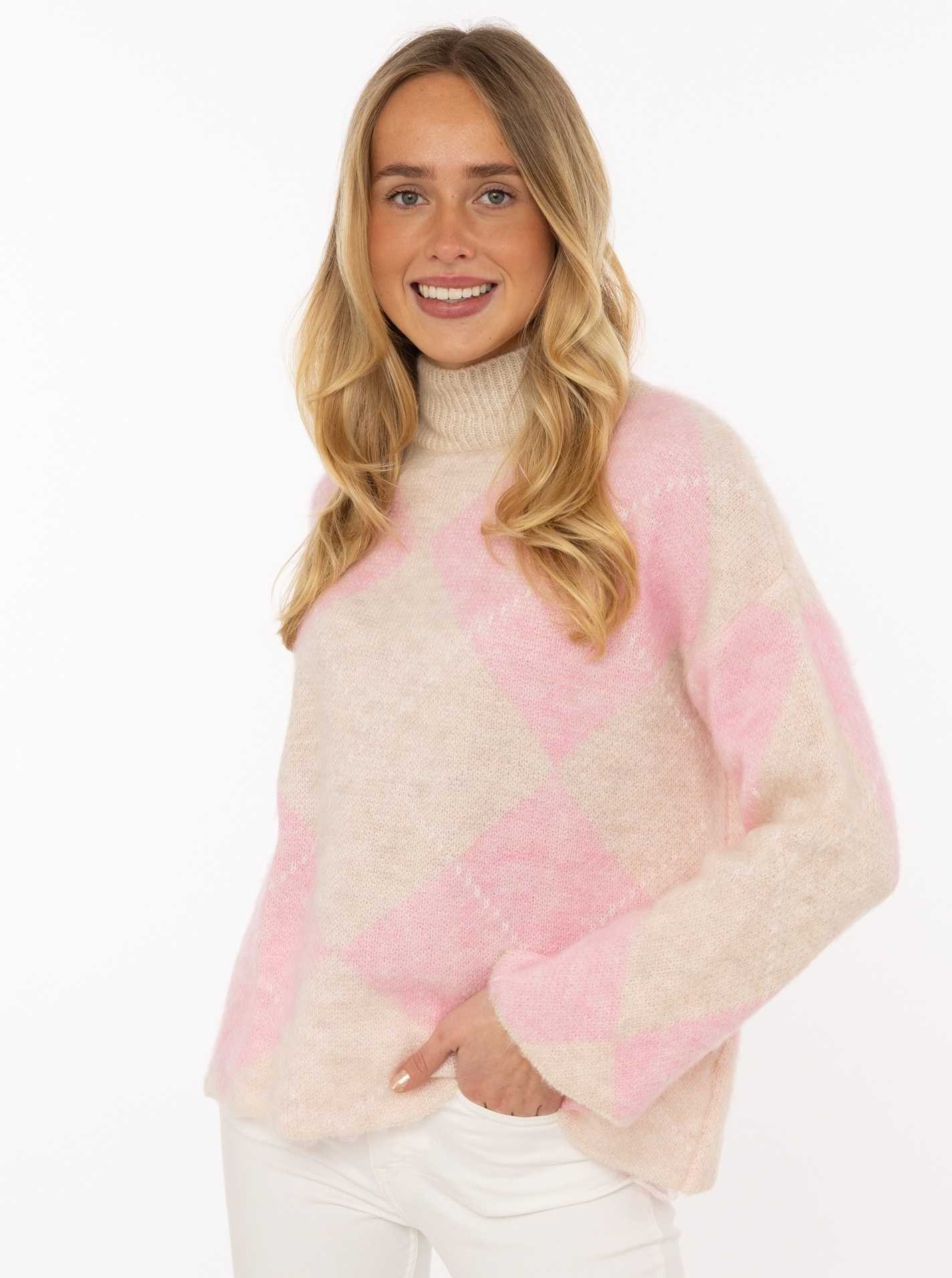 Zwillingsherz Rollkragenpullover ""Argyle"" großes Rautenmuster, hoher Kragen, Strick, One Size