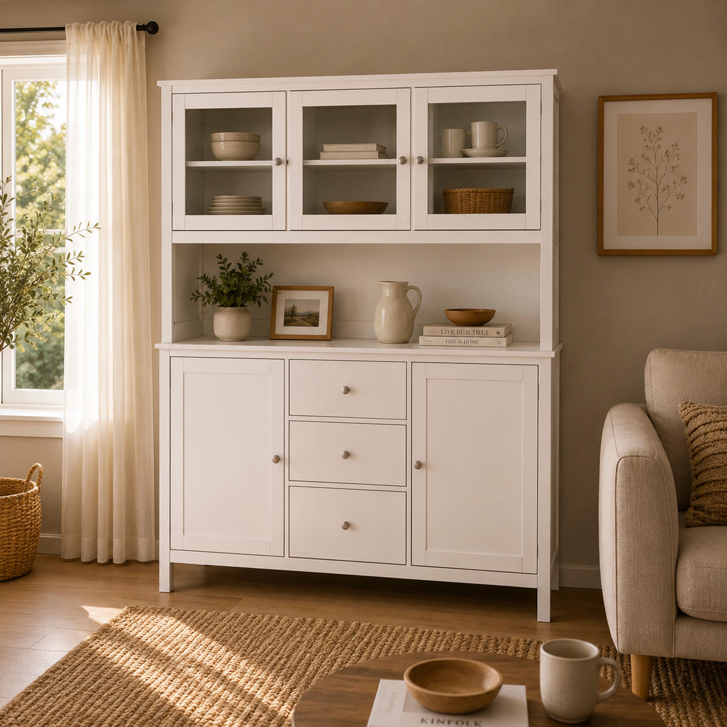Inter Link Buffet »Pinora, Vitrine Kiefer Massivholz, Küchenschrank Weiss lackiert« 1 Stk. tlg. Geschirrschrank im Skandi Look, viel Stauraum, 160 x 39,50 x 197 cm