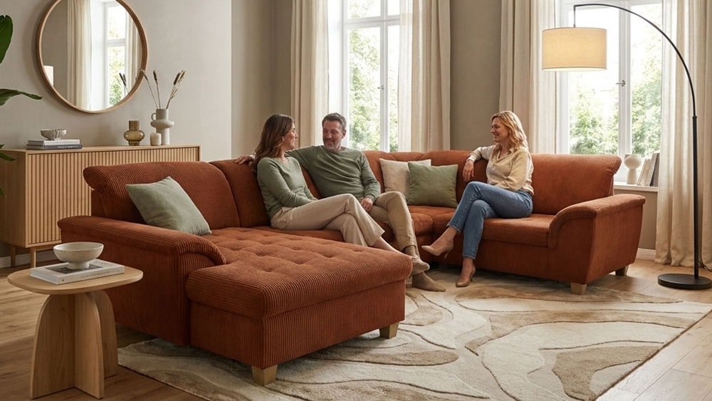 OTTO home Wohnlandschaft "Egedal 344 x 214 cm, auch mit Schlaffunktion & Bettkasten, Holzfüße" Kopfteile verstellbar, U-Form, aus Pet Friendly Cord