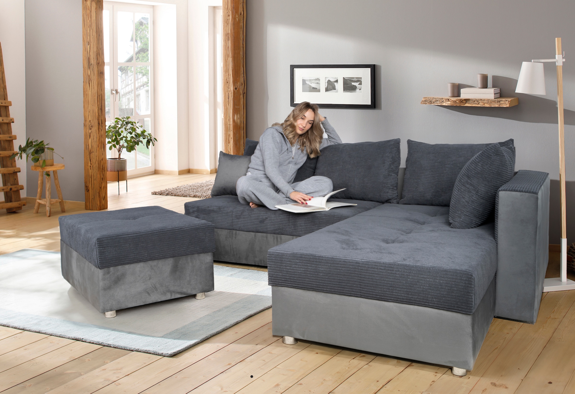 COLLECTION AB Ecksofa »Italia L-Form«, mit Bettfunktion und Bettkasten, in Cord-Samt Mix