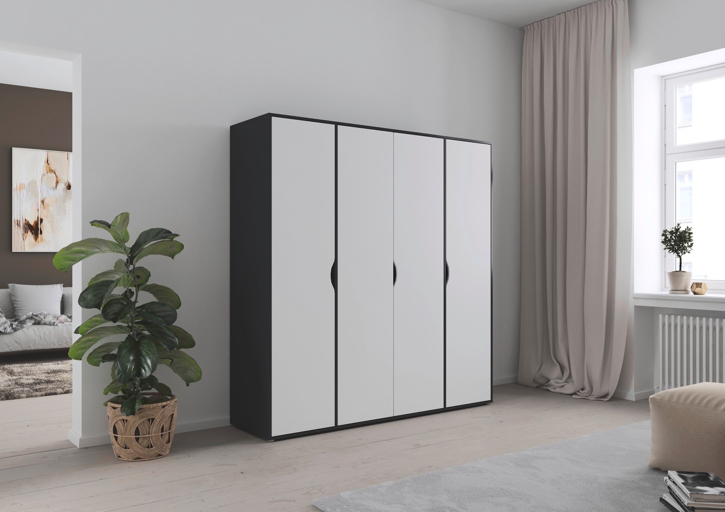 rauch Drehtürenschrank »Kleiderschrank Schrank Garderobe Wäscheschrank NARAI viel Stauraum«, (in 3 verschiedenen Ausstattungen BASIC/CLASSIC/PREMIUM), Griffausfräsungen für eine grifflose Optik TOPSELLER MADE IN GERMANY