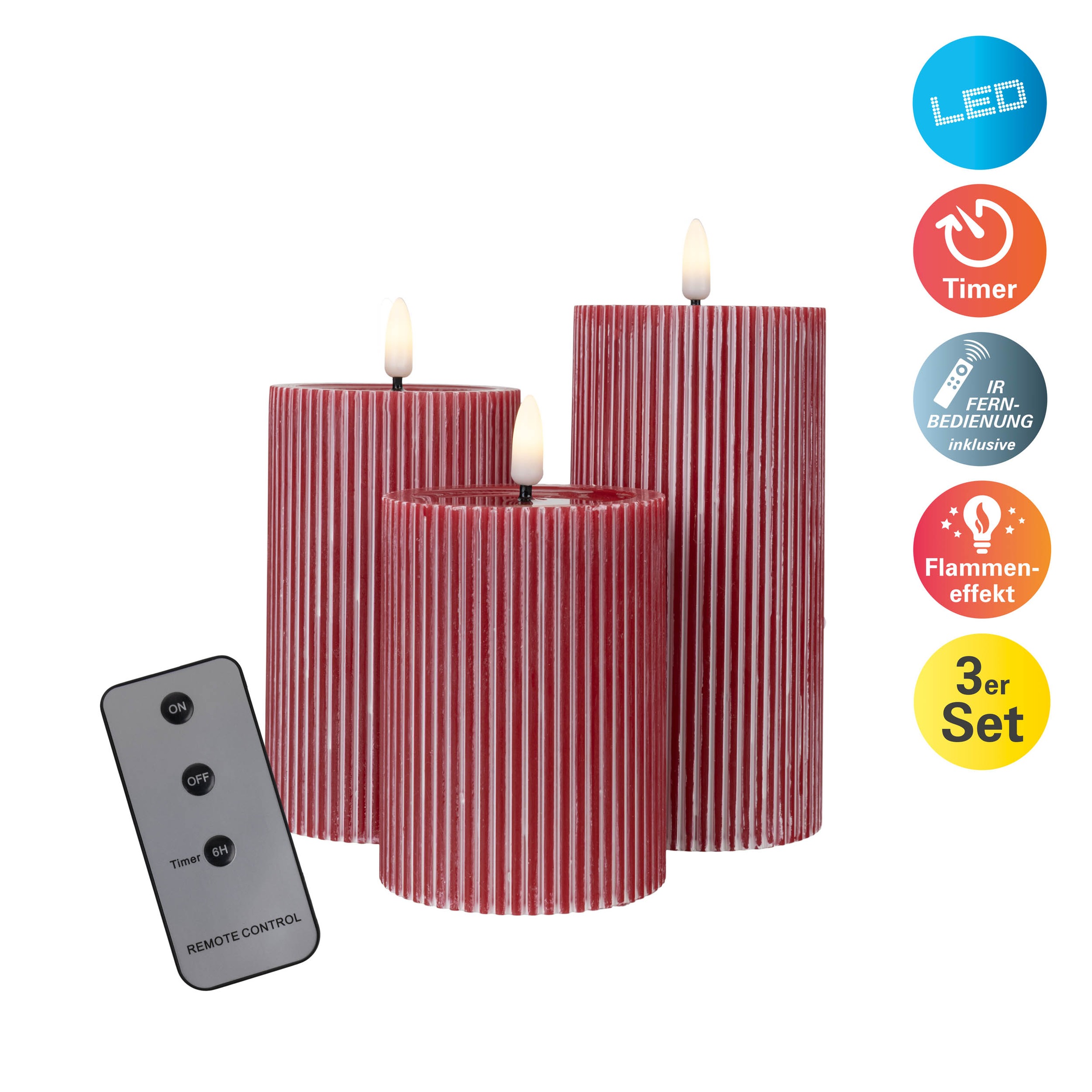 näve LED Dekolicht »Nuria« LED-Modul 3 Stk. Warmweiß 3er-Set LED Kerzen warmweiß, Echtwachs, Timer, Flammeneffekt
