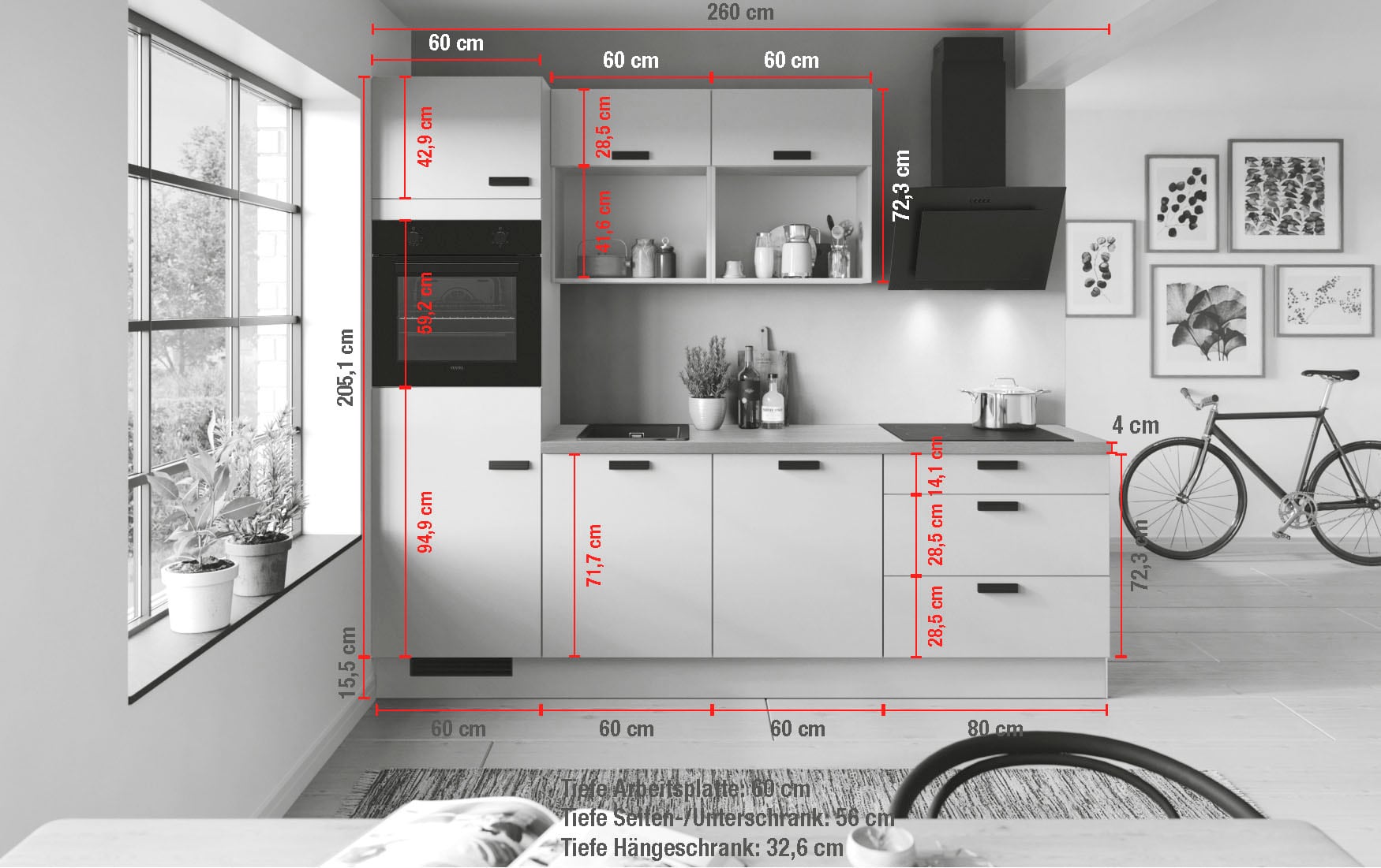 IMPULS KÜCHEN Küchenzeile »"Breslau", Ausrichtung wählbar, Schubkästen mit Soft-Close« vormontiert, wahlweise mit E-Geräten, Breite 260cm