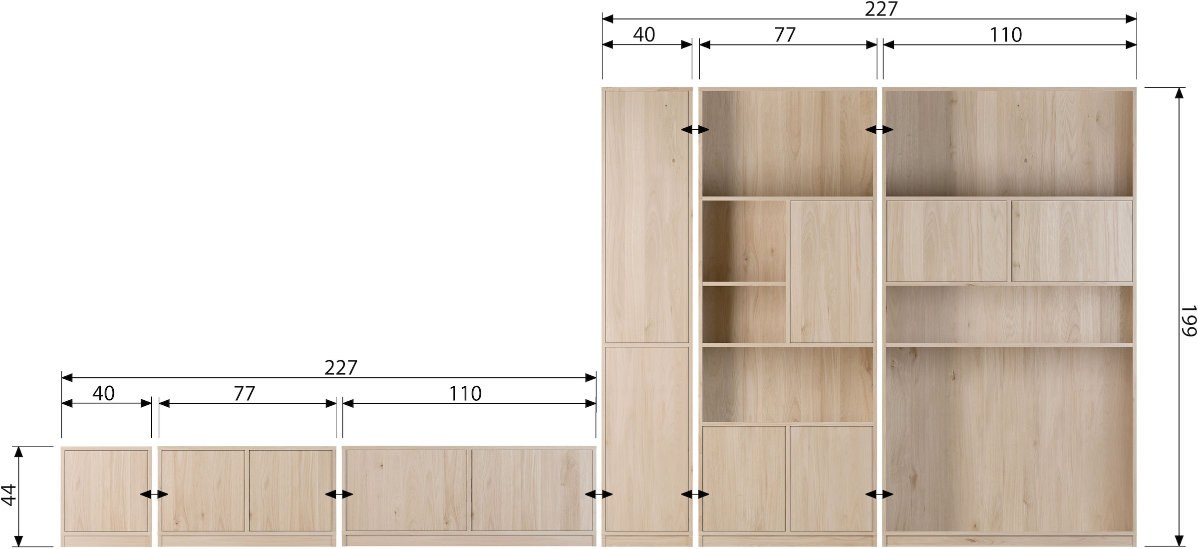 WOOOD Sideboard »Modulair mit Eichenfurnier und Druckmechanismus B 40 x T 40 x H 44 cm« Tragkraft 15 kg pro Einlegeboden, kompakte Ausführung