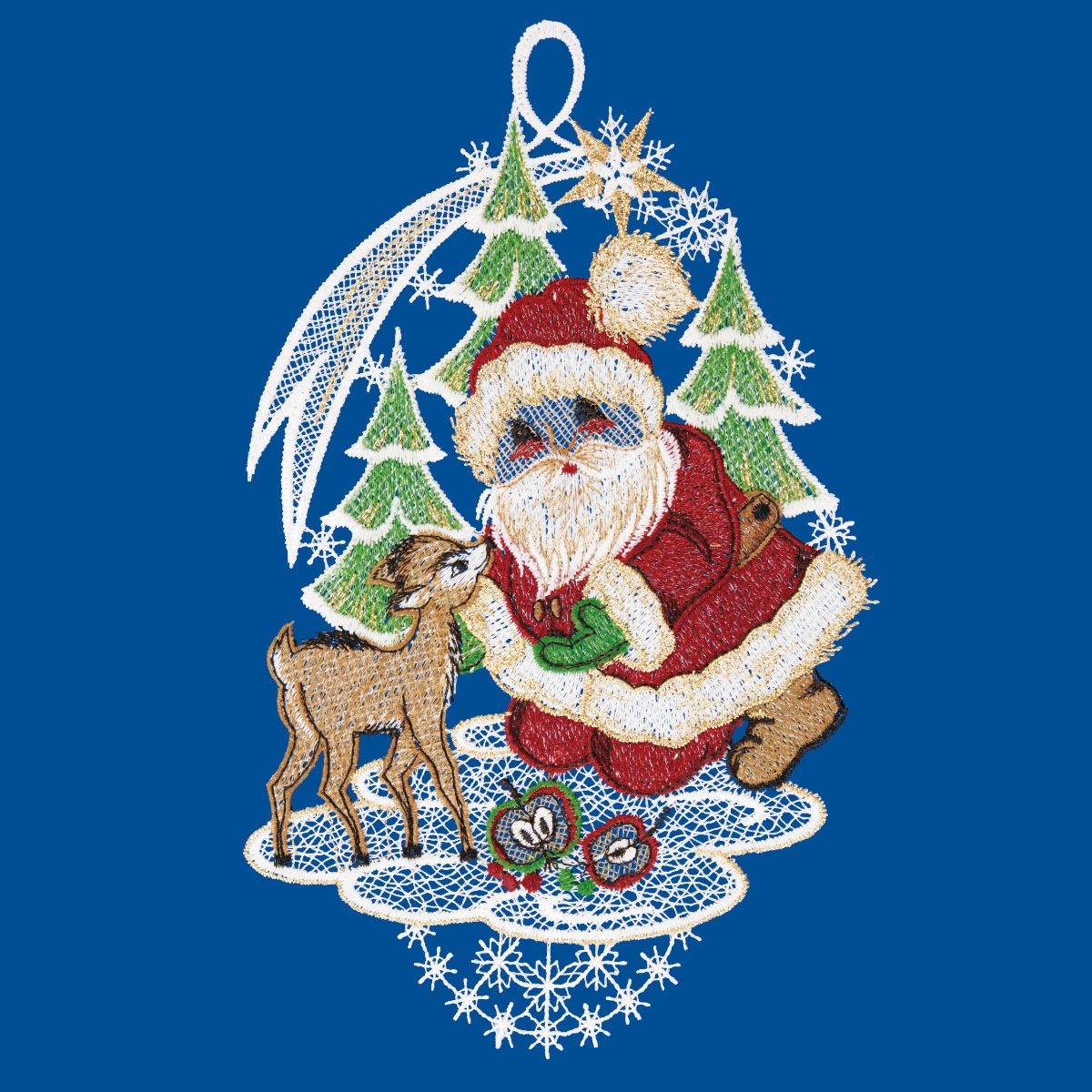 W. Reuter & Sohn - Plauener Spitze Fensterbild "Weihnachtsmann mit Rehkitz" günstig online kaufen