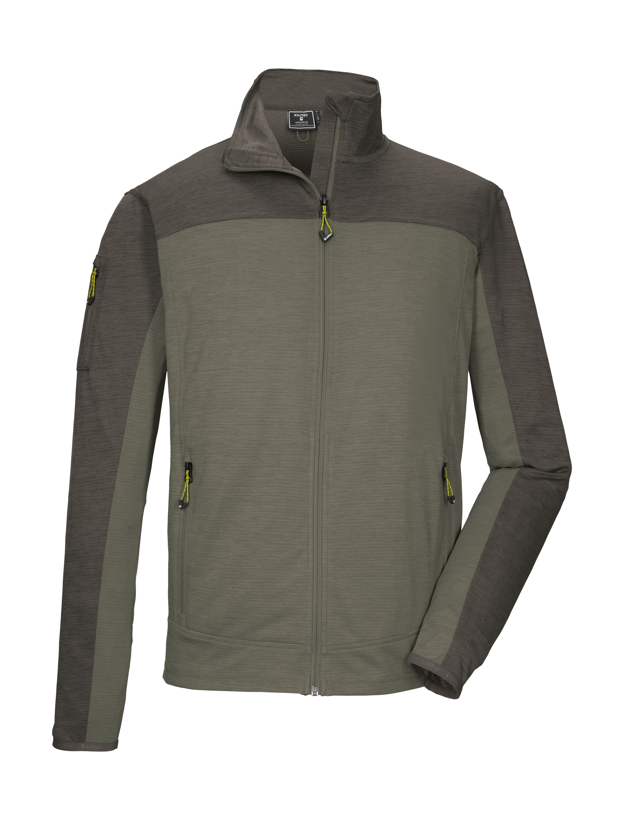 Strickjacke KILLTEC "KOS 42 MN FLX JCKT", Herren, Gr. 3XL, olivgrün, Obermaterial: 100% Polyester, Strickjacken Strickjacke, Sportive Colourblock-Jacke, Kinnschutz, verschließbare Taschen