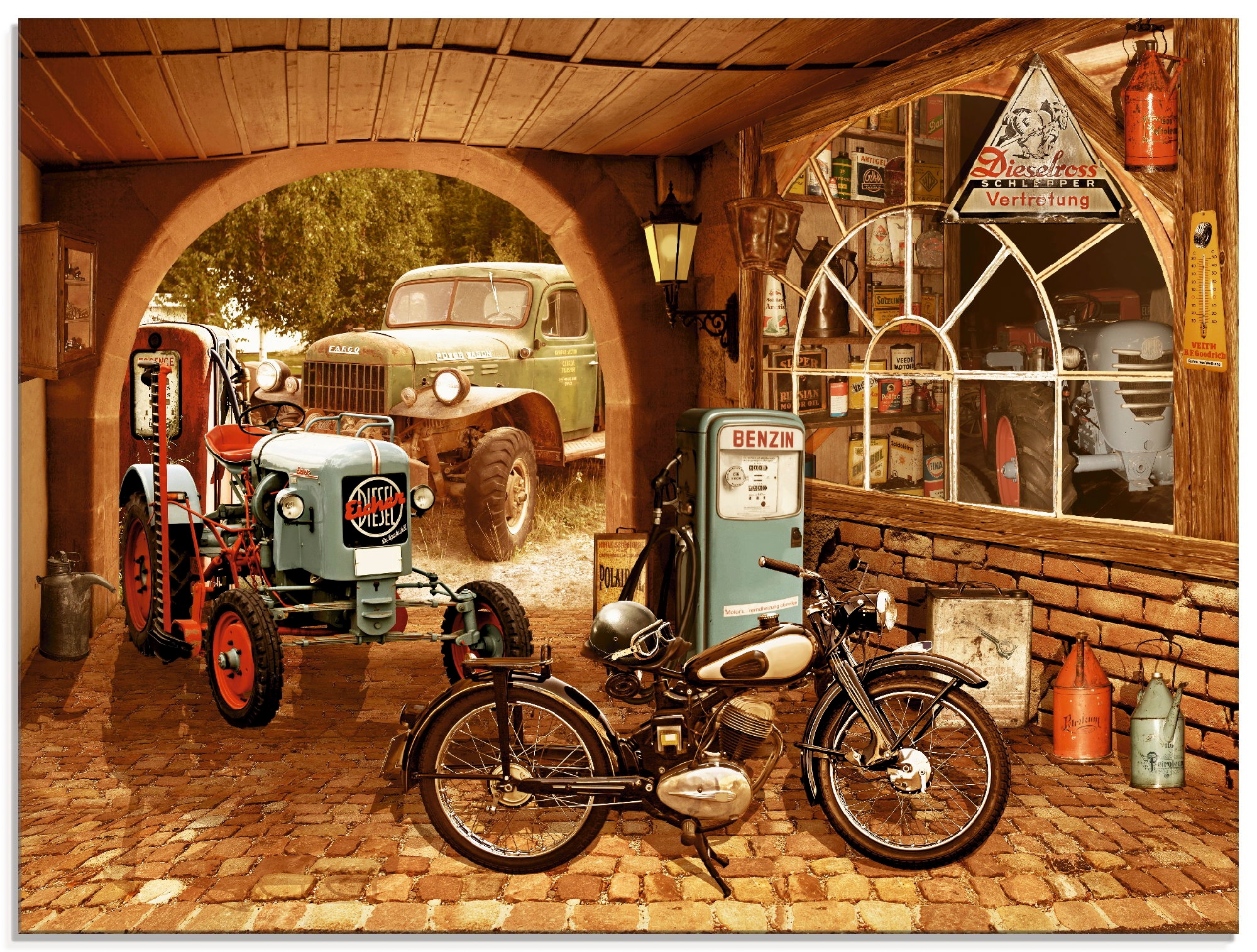 Artland Glasbild "Werkstatt mit Traktor und Motorrad", Traktoren, (1 St.), in verschiedenen Größen